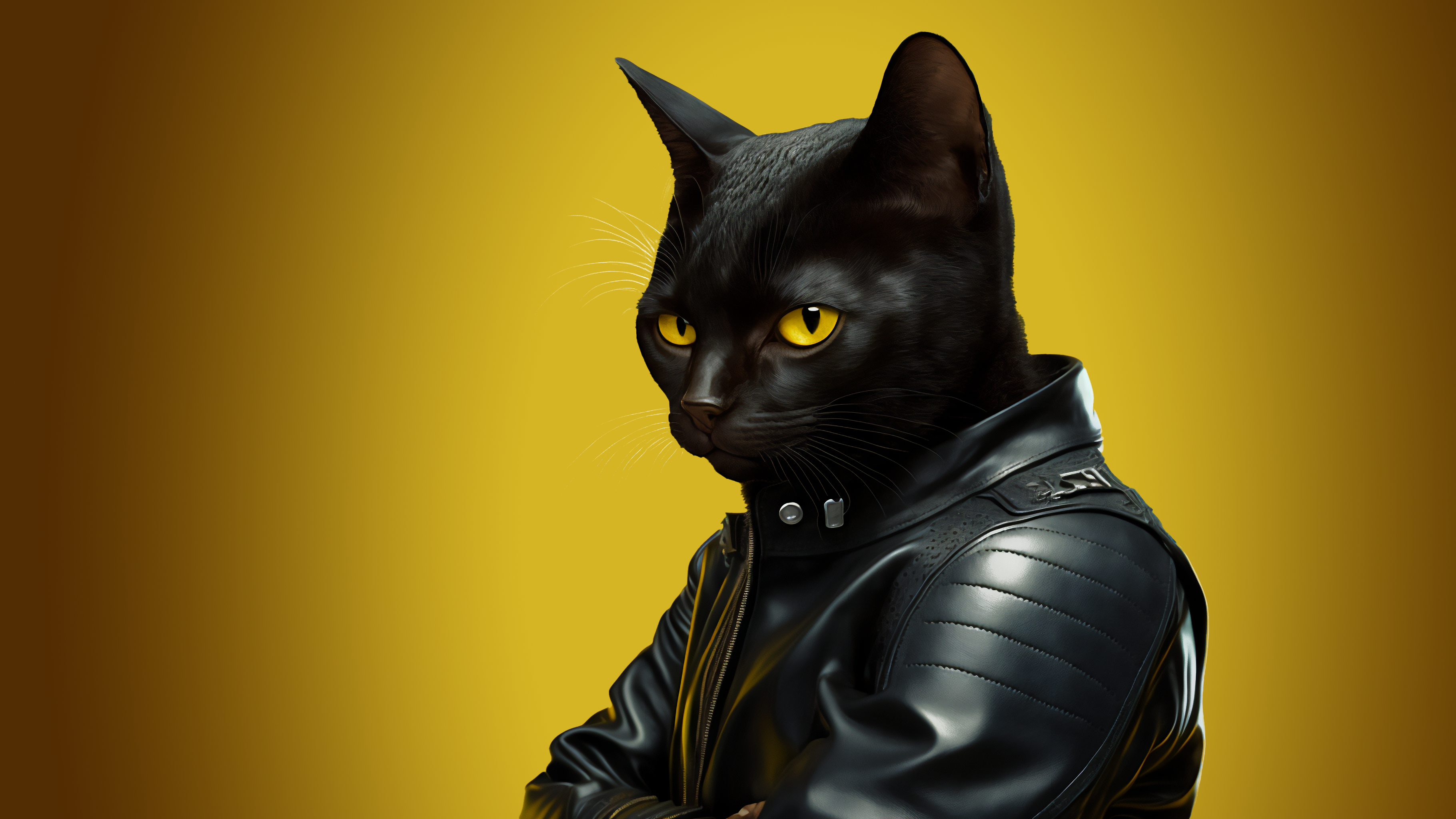 Ai Art Cats Leather Jacket Yellow Black Animals Yellow Background Simple Background Minimalism 3641x2048