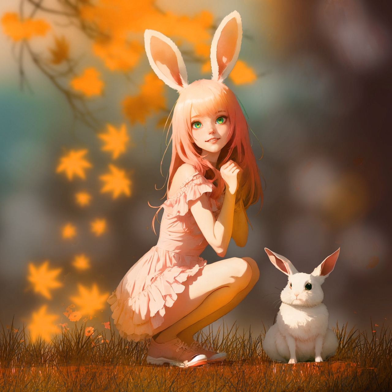 Anime Girls Anime Edit Bunny Ears Rabbits Leaves Looking At Viewer Skirt Smiling 1280x1280
