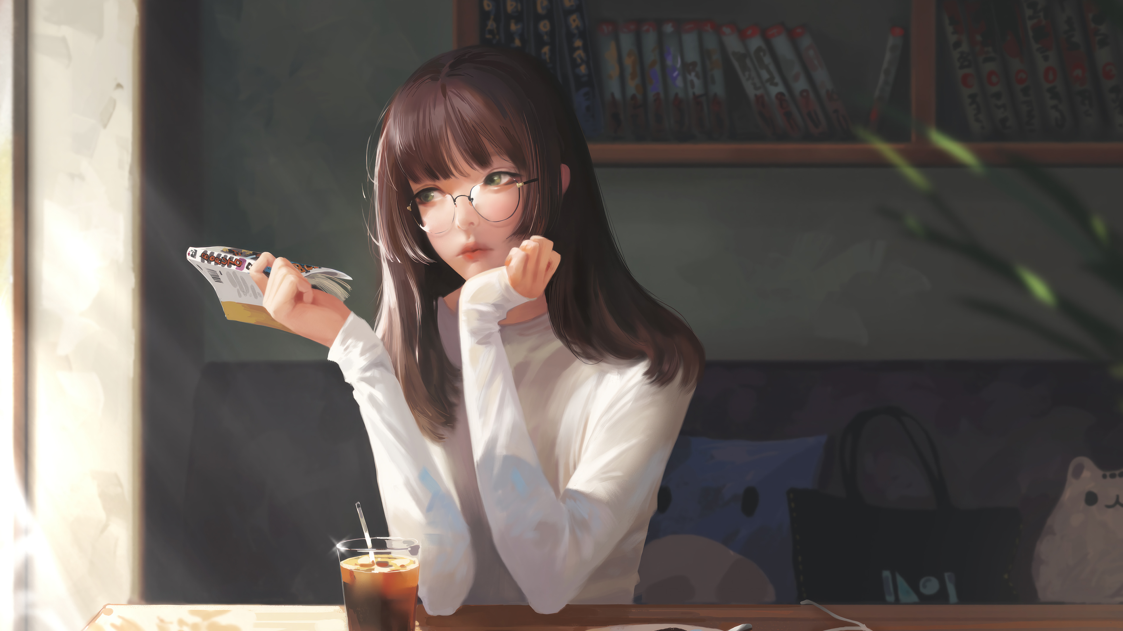 Original Characters Cafe Books Brunette Looking Away Glasses Anime Girls Drink 3840x2160