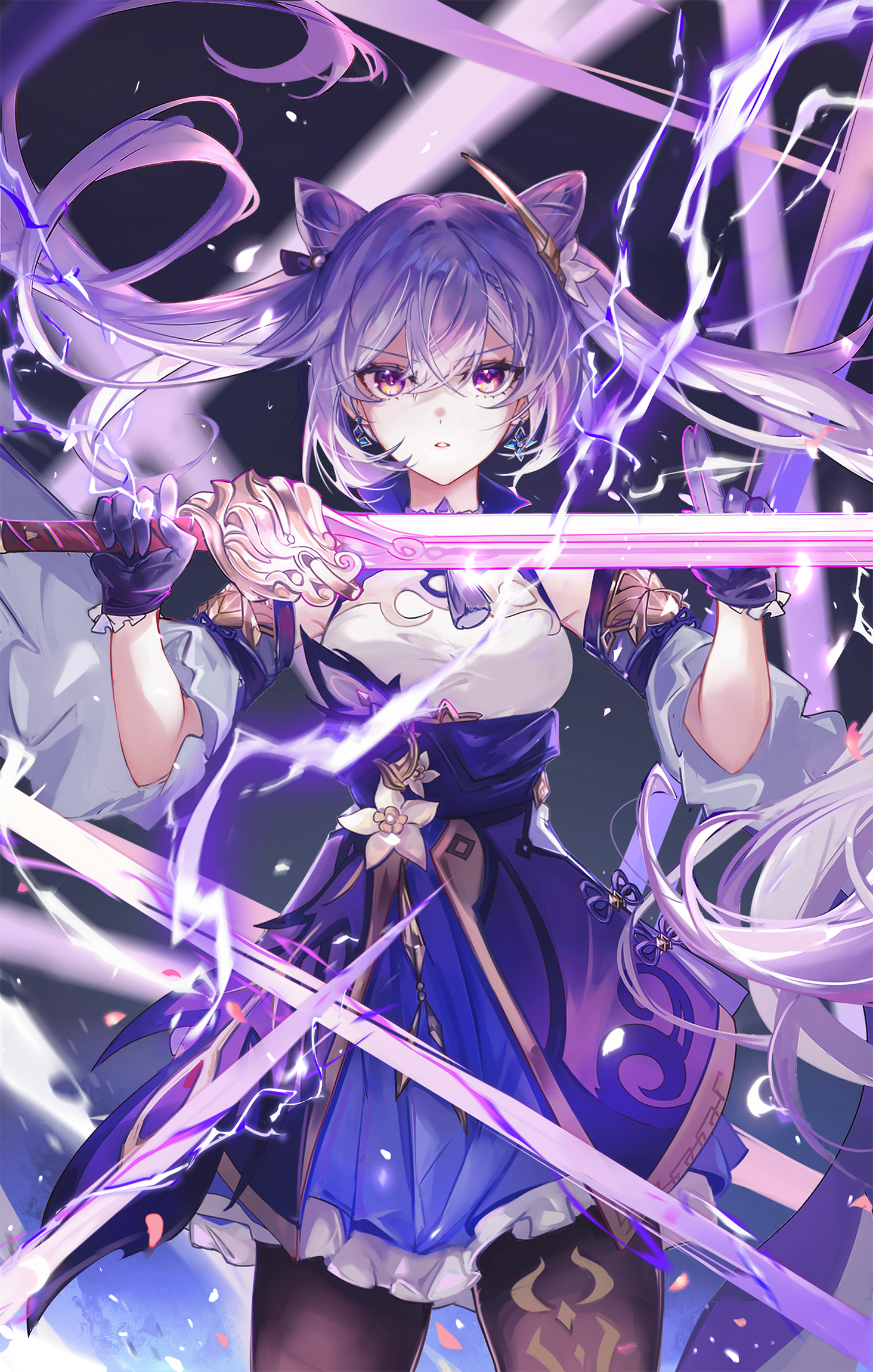Anime Girls Genshin Impact Keqing Genshin Impact Sword Vertical Purple Hair Purple Eyes Twintails Pe 1464x2300