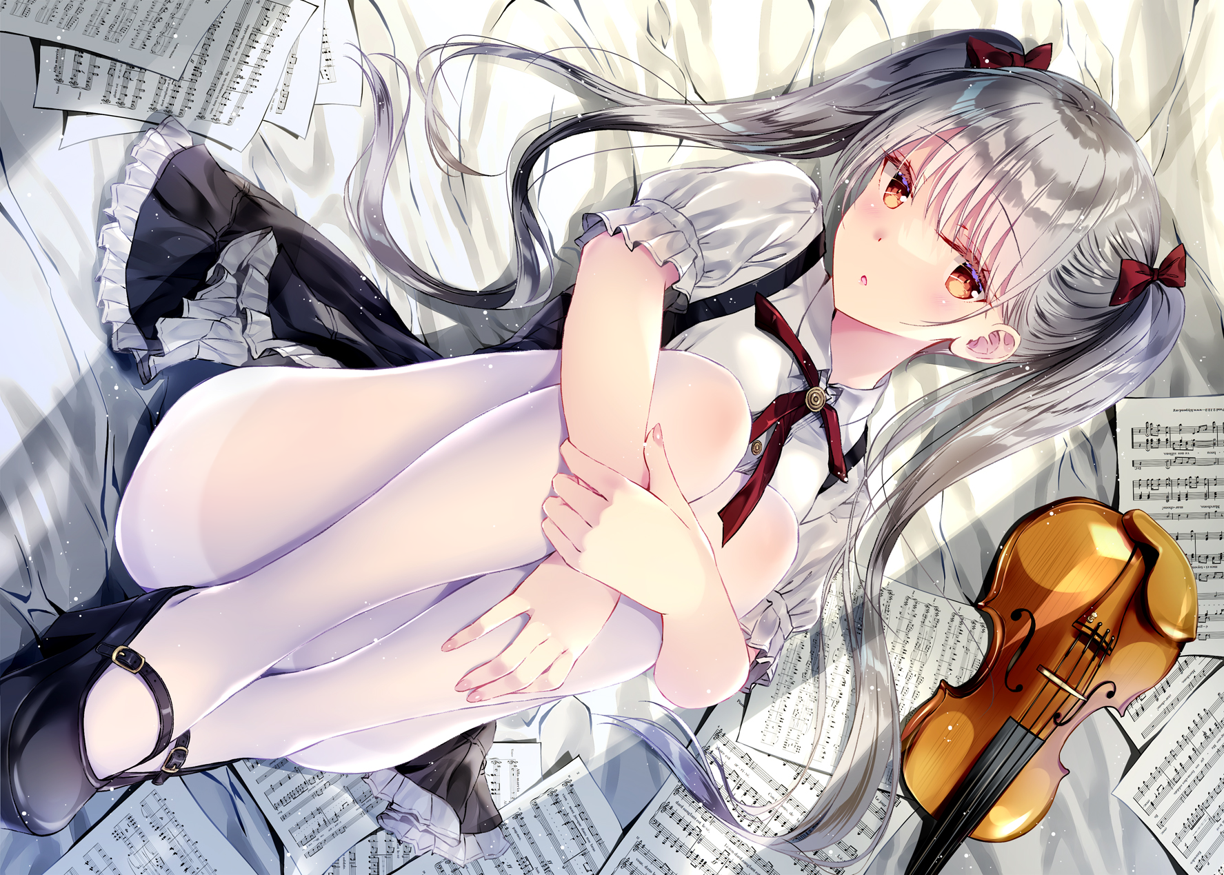 Anime Anime Girls Lying On Back Violin Musical Instrument Paper Musical Notes Twintails Long Hair Lo 1775x1269