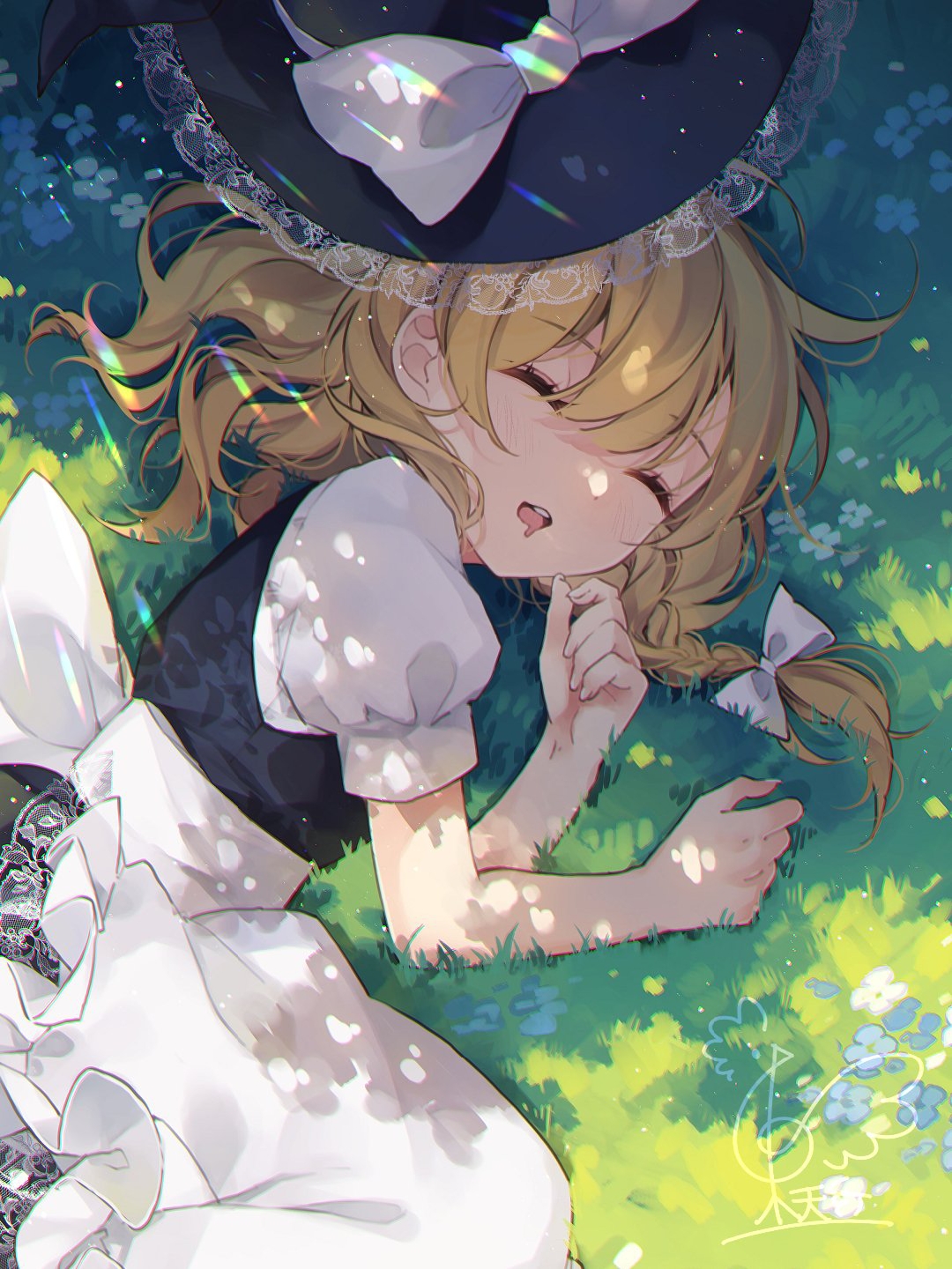 Anime Girls Touhou Portrait Display Kirisame Marisa Hat Bow Tie Grass Lying On Side Closed Eyes Slee 1080x1440