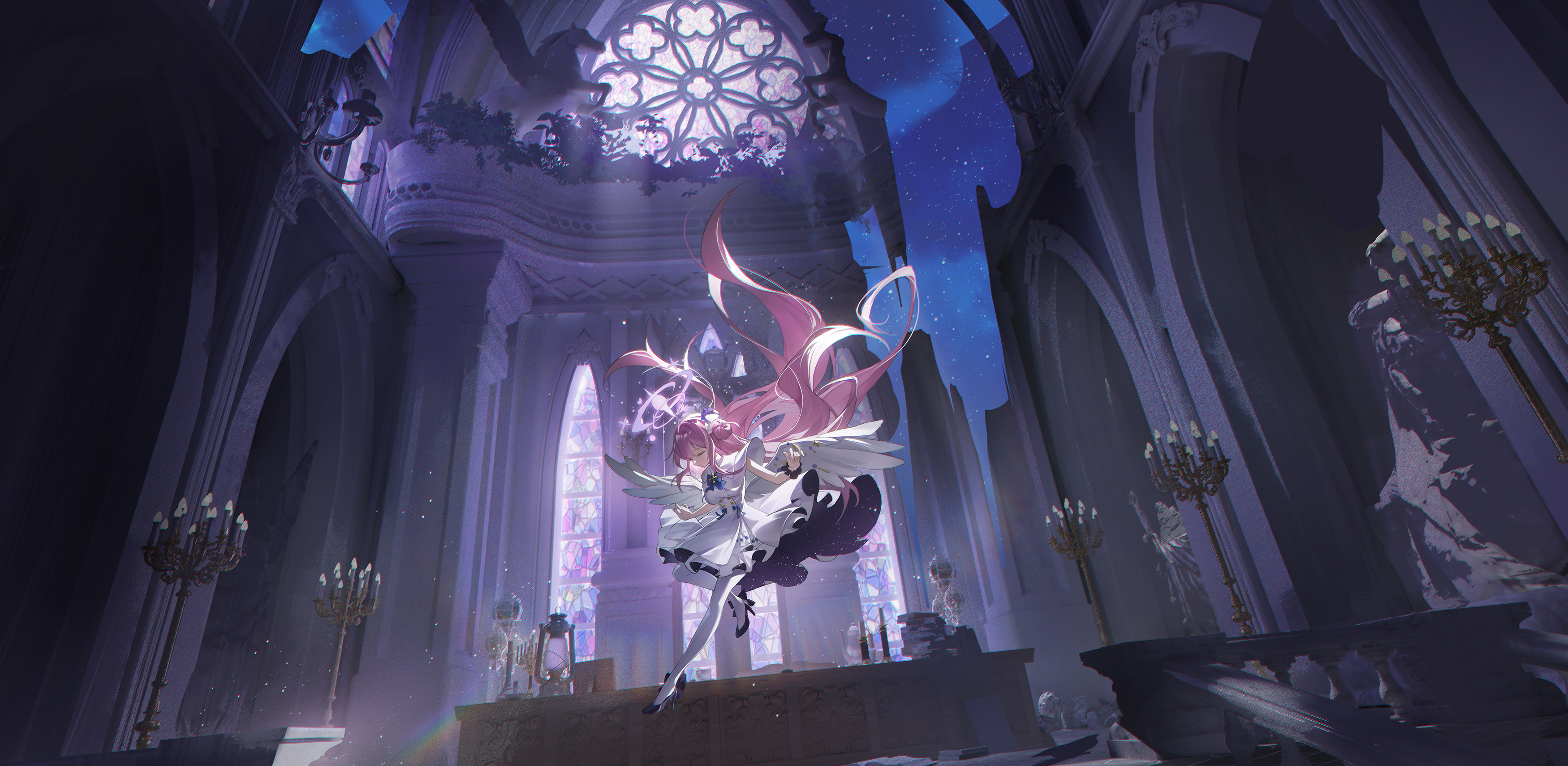 Anime Anime Girls Blue Archive Misono Mika Long Hair Pink Hair Closed Eyes Falling Heels Cathedral S 3500x1710