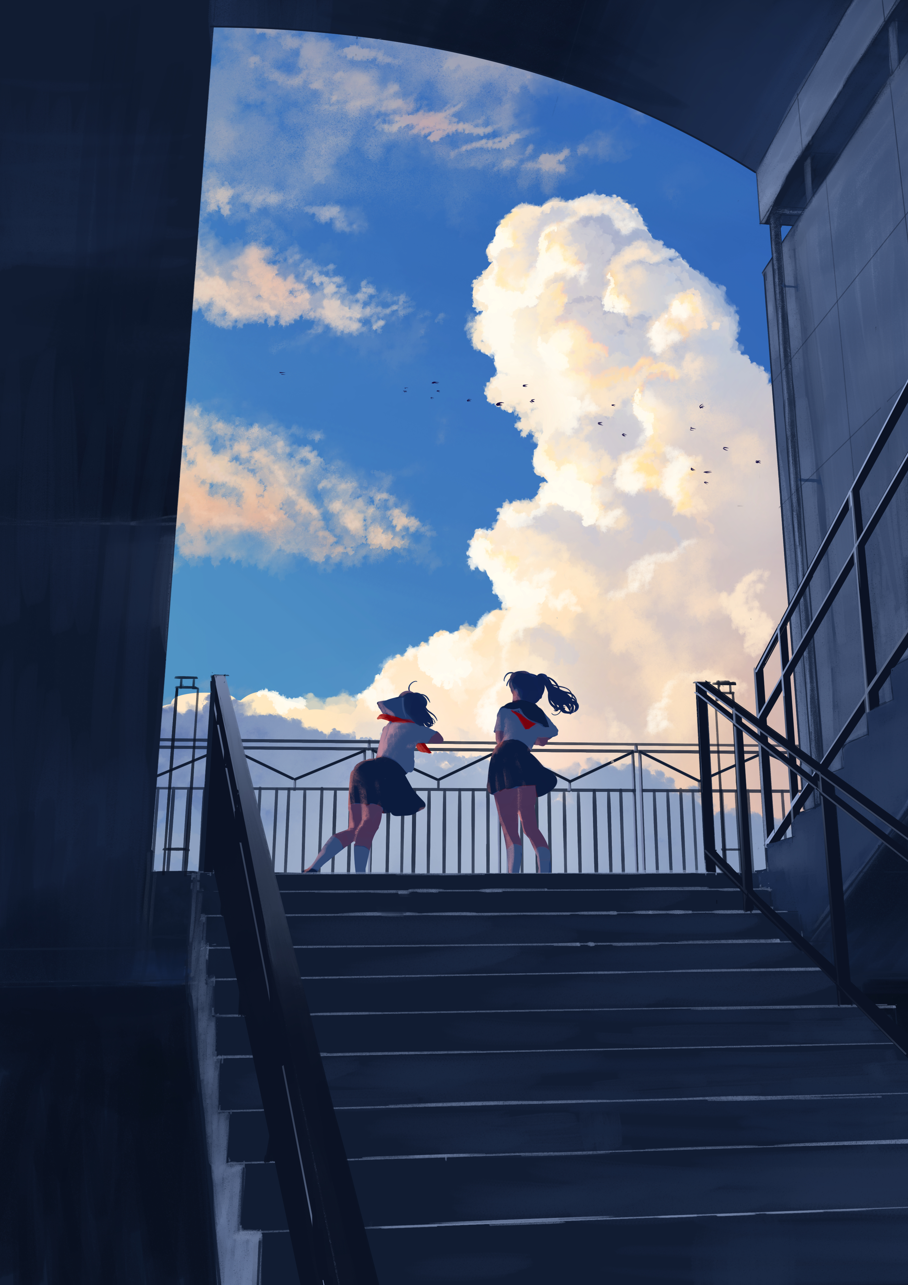 Pixiv Artwork Stairs Schoolgirl School Uniform Sky Clouds Ponytail Women Portrait Display 2894x4094