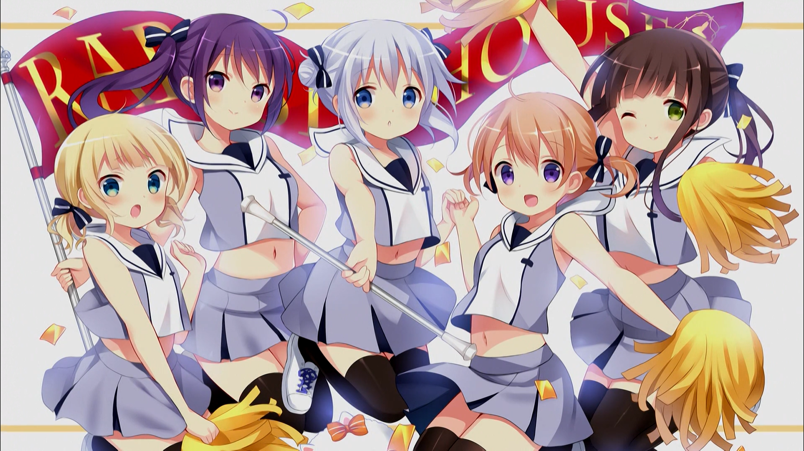 Anime Anime Girls Gochuumon Wa Usagi Desu Ka Flag Cheerleaders Bow Tie Confetti Looking At Viewer Sm 1604x901