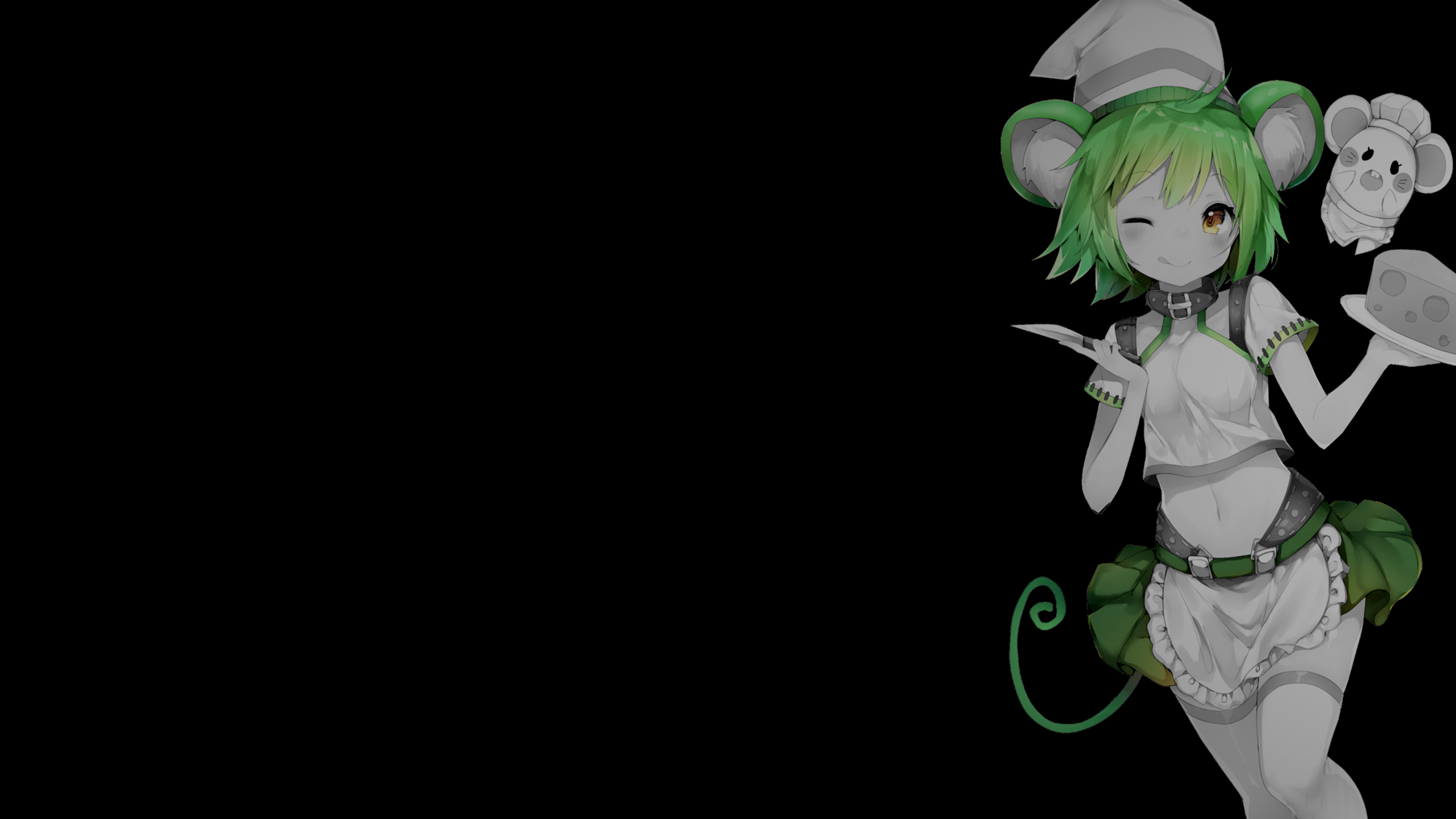 Dark Background Simple Background Black Background Selective Coloring Anime Girls Green Hair Cheese 3840x2160