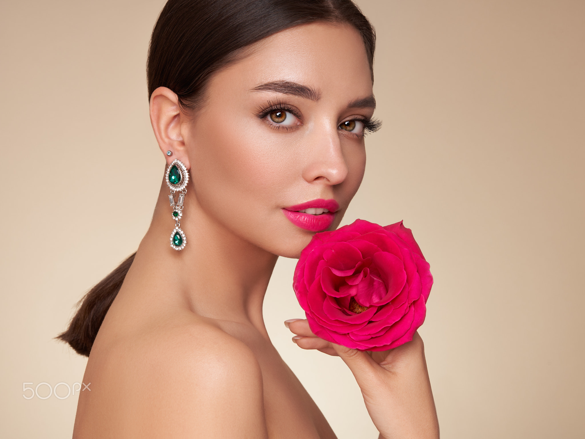 Oleg Gekman Women Brunette Makeup Brown Eyes Jewelry Glamour Lipstick Flowers Simple Background Pink 2048x1536