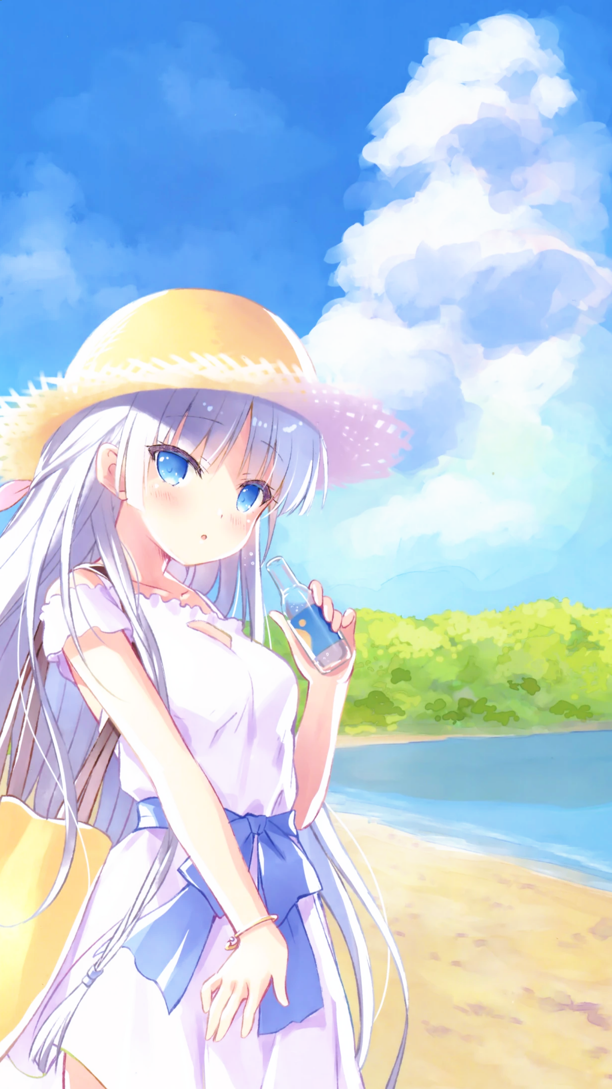 Summer Pockets Anime Girls Long Hair White Hair Blue Eyes Looking At Viewer Dress Straw Hat Standing 1222x2172