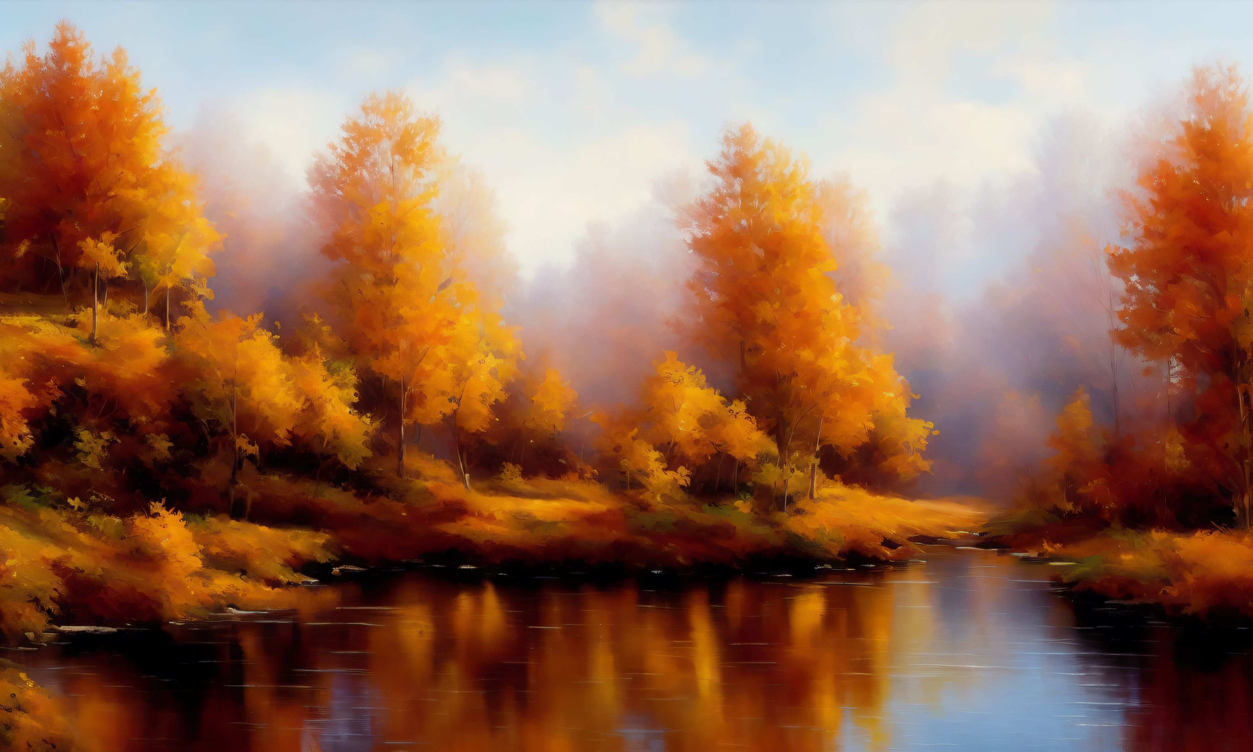 Fall Ai Art Leaves Warm Colors Landscape Water Nature 4000x2400