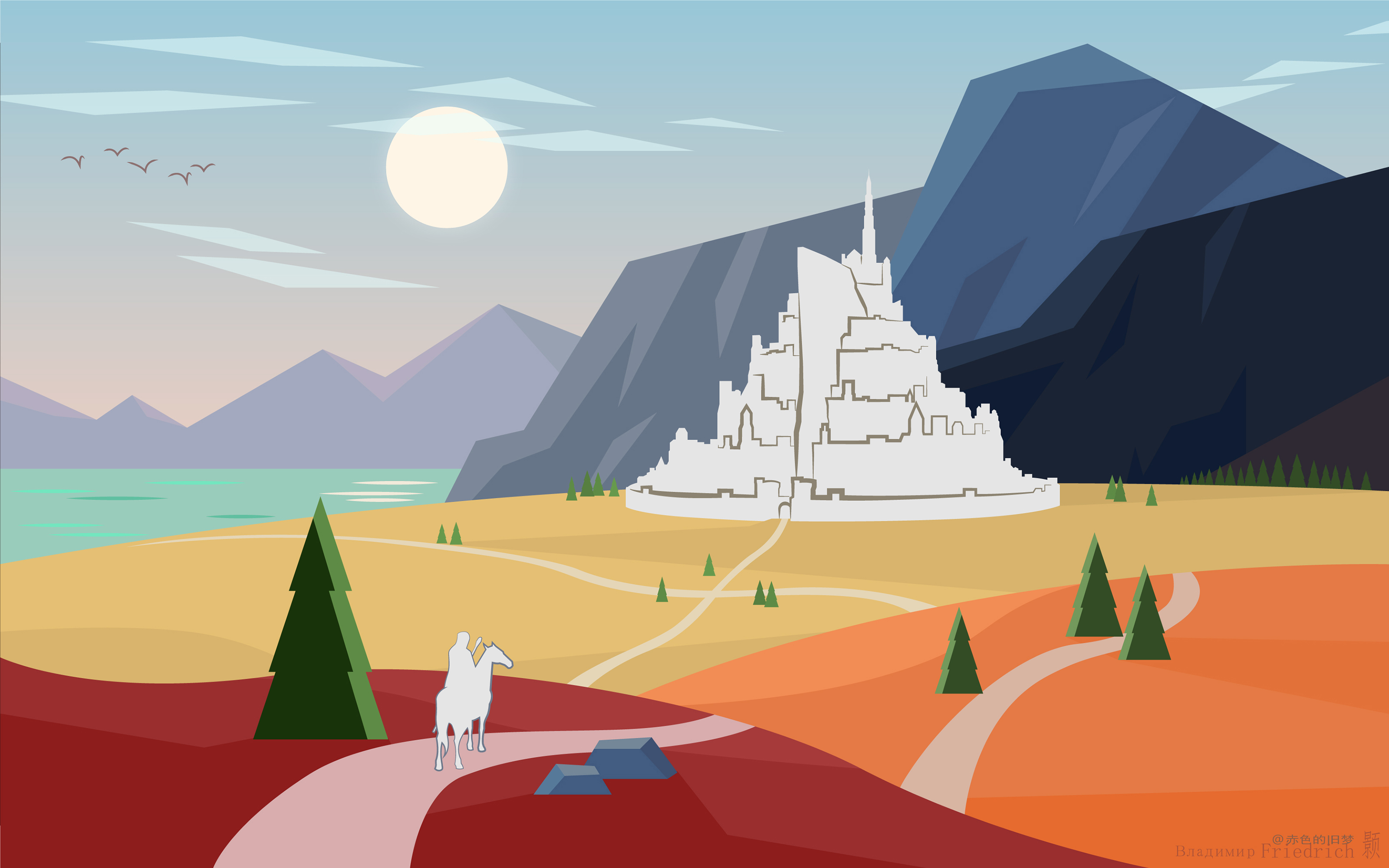 Flatdesign Landscape The Lord Of The Rings Gandalf Minas Tirith Minimalism Mountains Water Path Cast 3200x2000