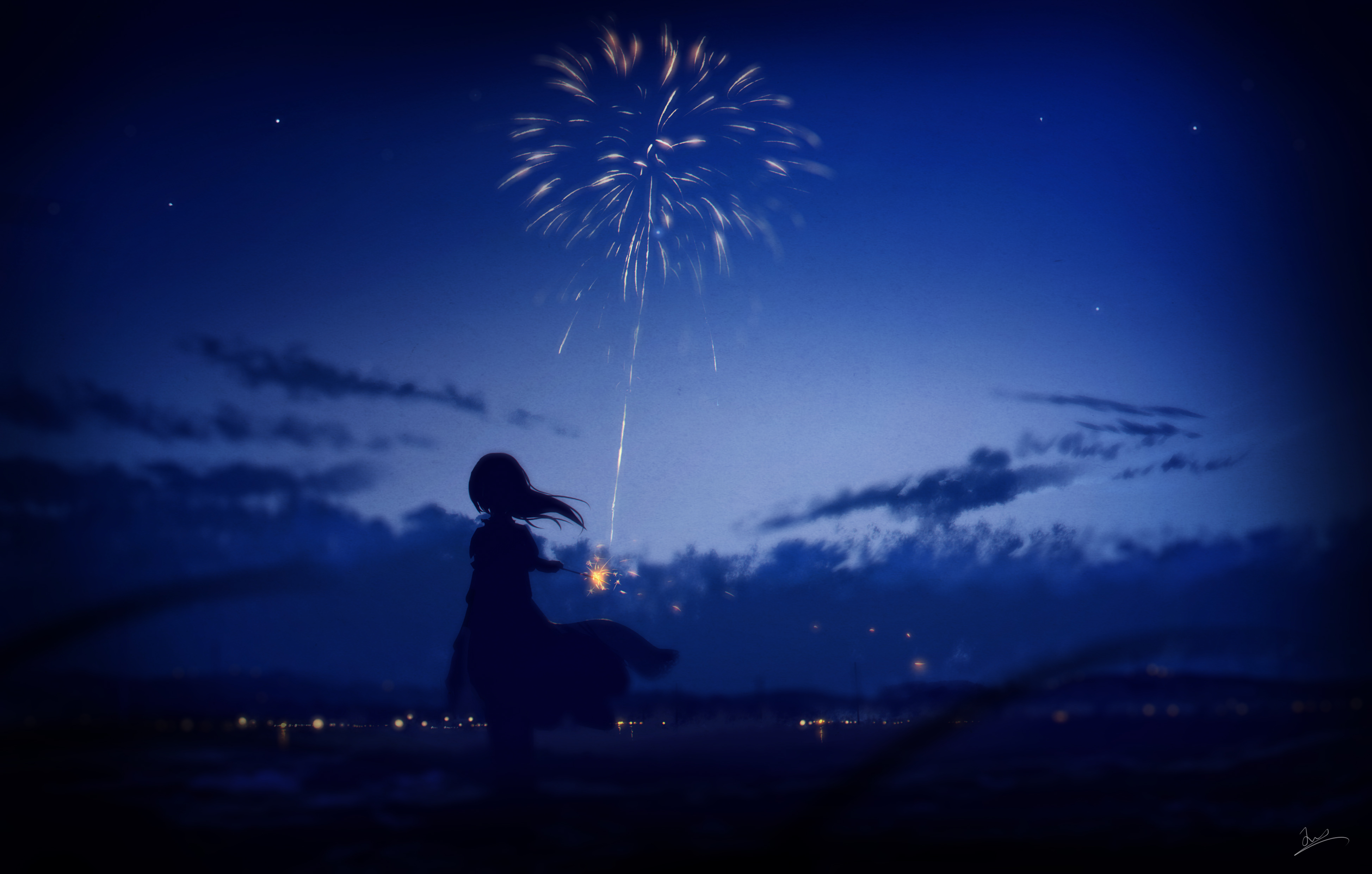 Anime Girls Fireworks Sky Anime Sky Clouds Standing Hair Blowing In The Wind Signature City Lights C 3894x2480