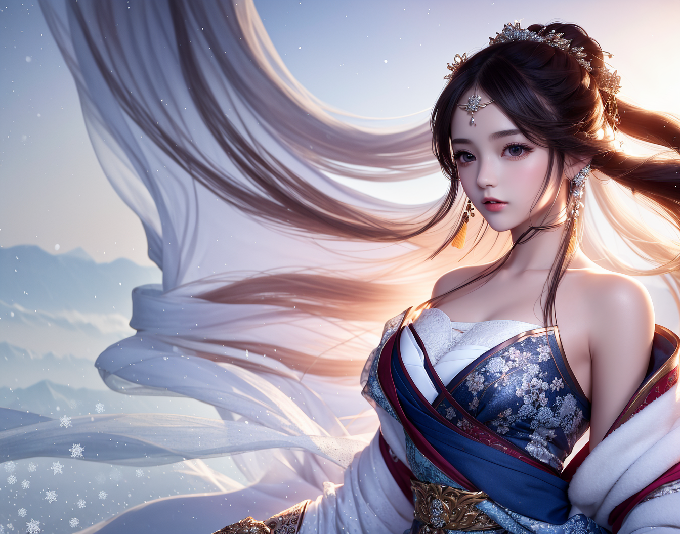 Ai Art Women Asian Dress Jewelry Snowflakes Long Hair Tiaras 1344x1056