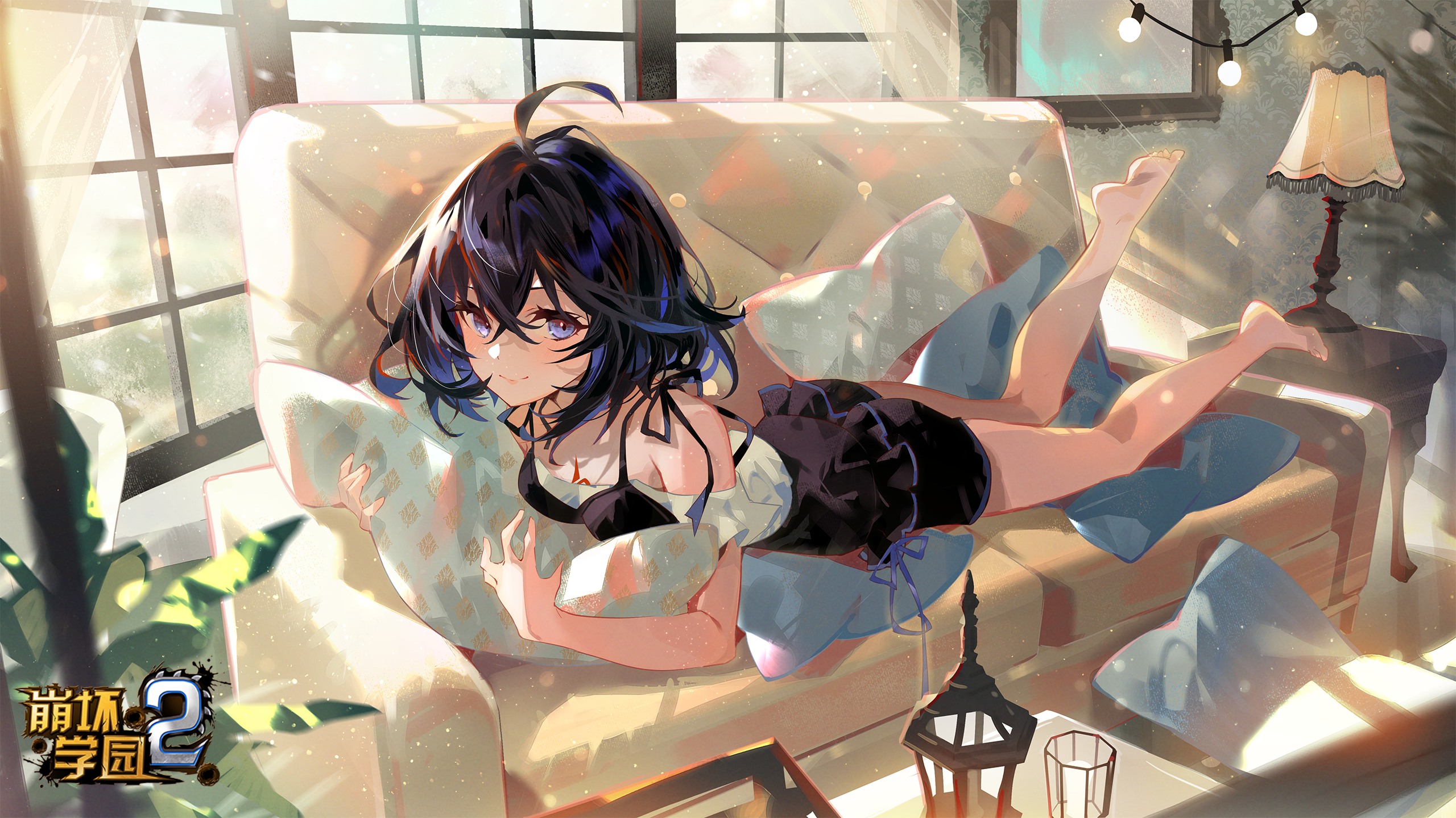 Anime Anime Girls Lying Down Lying On Front Smiling Looking At Viewer Short Hair Leaves Lamp Feet Fo 2560x1440