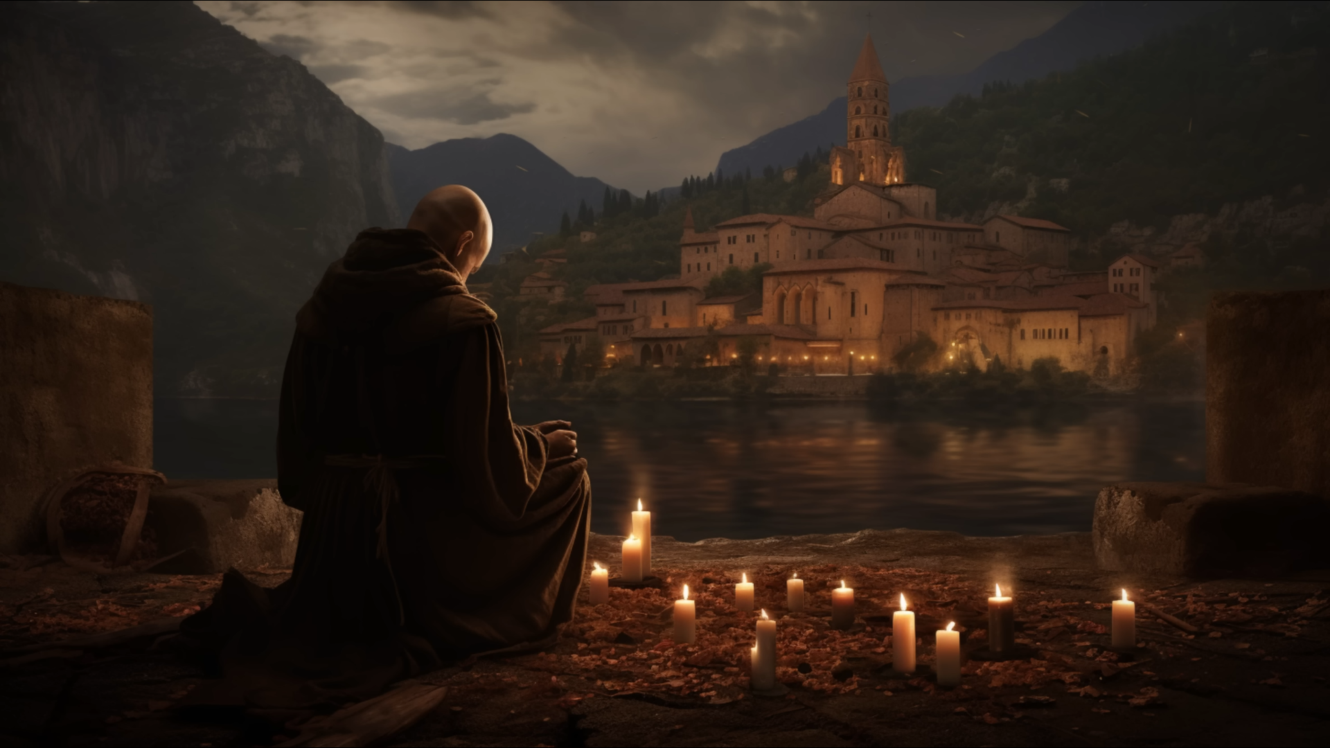 Prayer Lake Monastery Candles Lights Water Reflection Sky Clouds Building 1920x1080