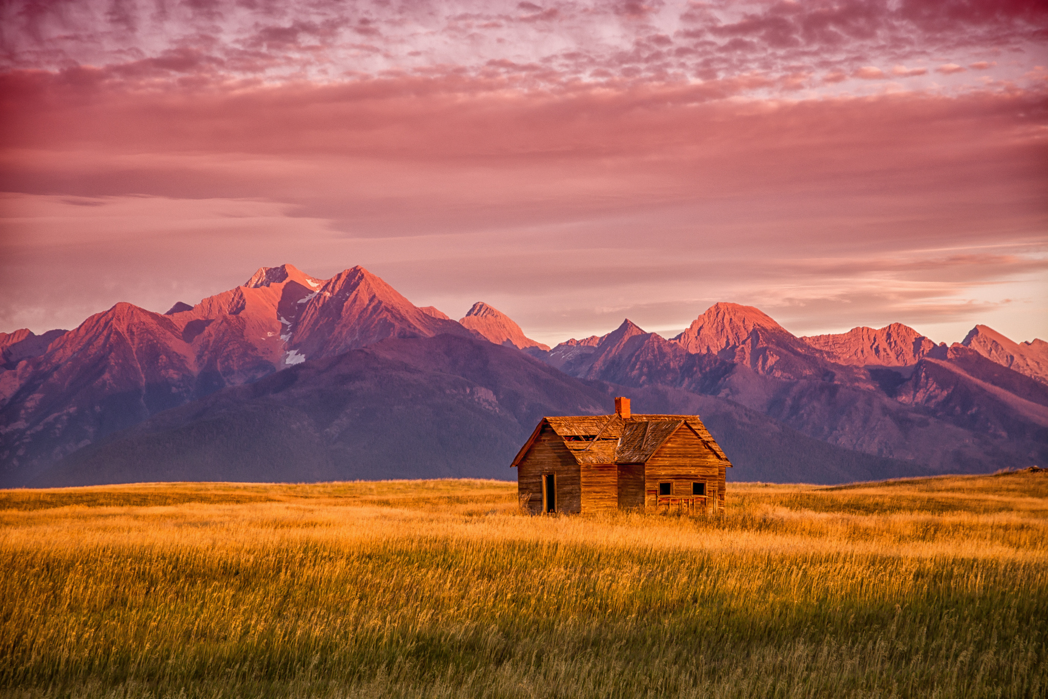 USA Montana Mountains Grass Abandoned House Sky Sunrise Cabin Log Cabin Landscape Nature Clouds 2048x1365