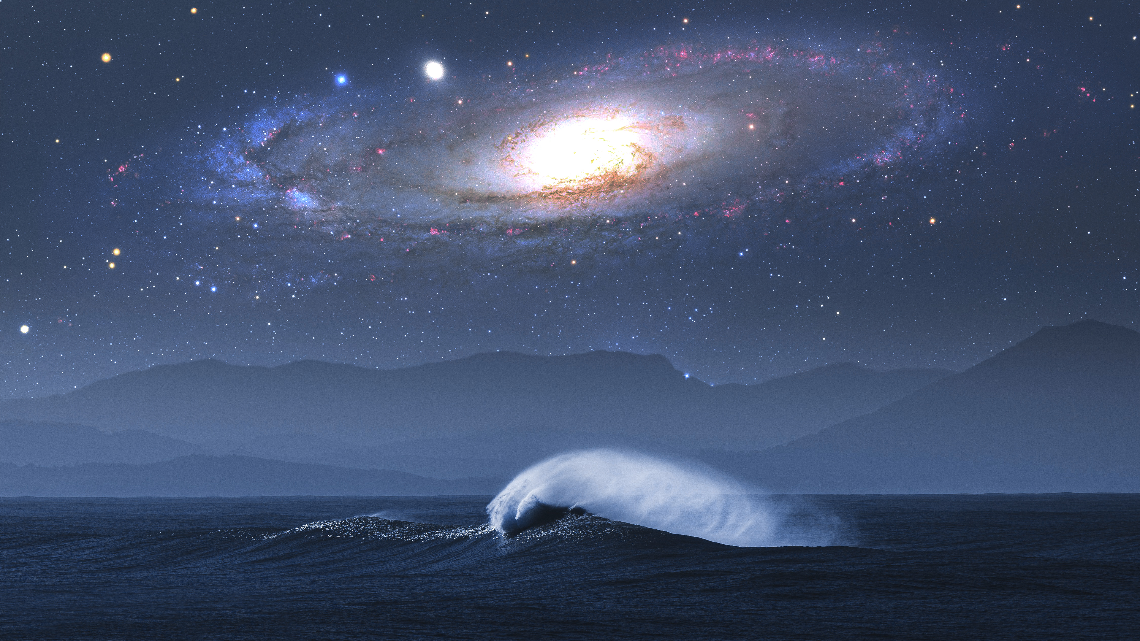 Space Andromeda Stars Sky Night Mountains Nightscape Landscape Waves Starry Night 3840x2160