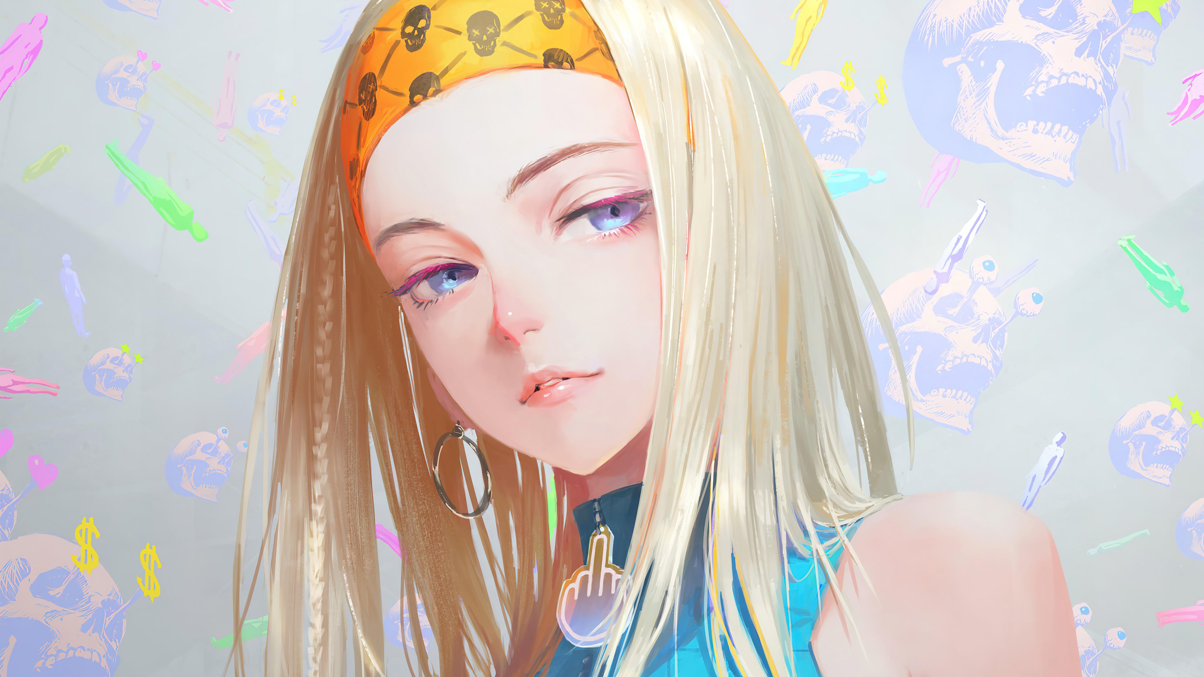 Anime Girls Digital Art Hairband Blue Eyes Blonde Cropped Artwork Arata Yokoyama Hippie Skull 3840x2160