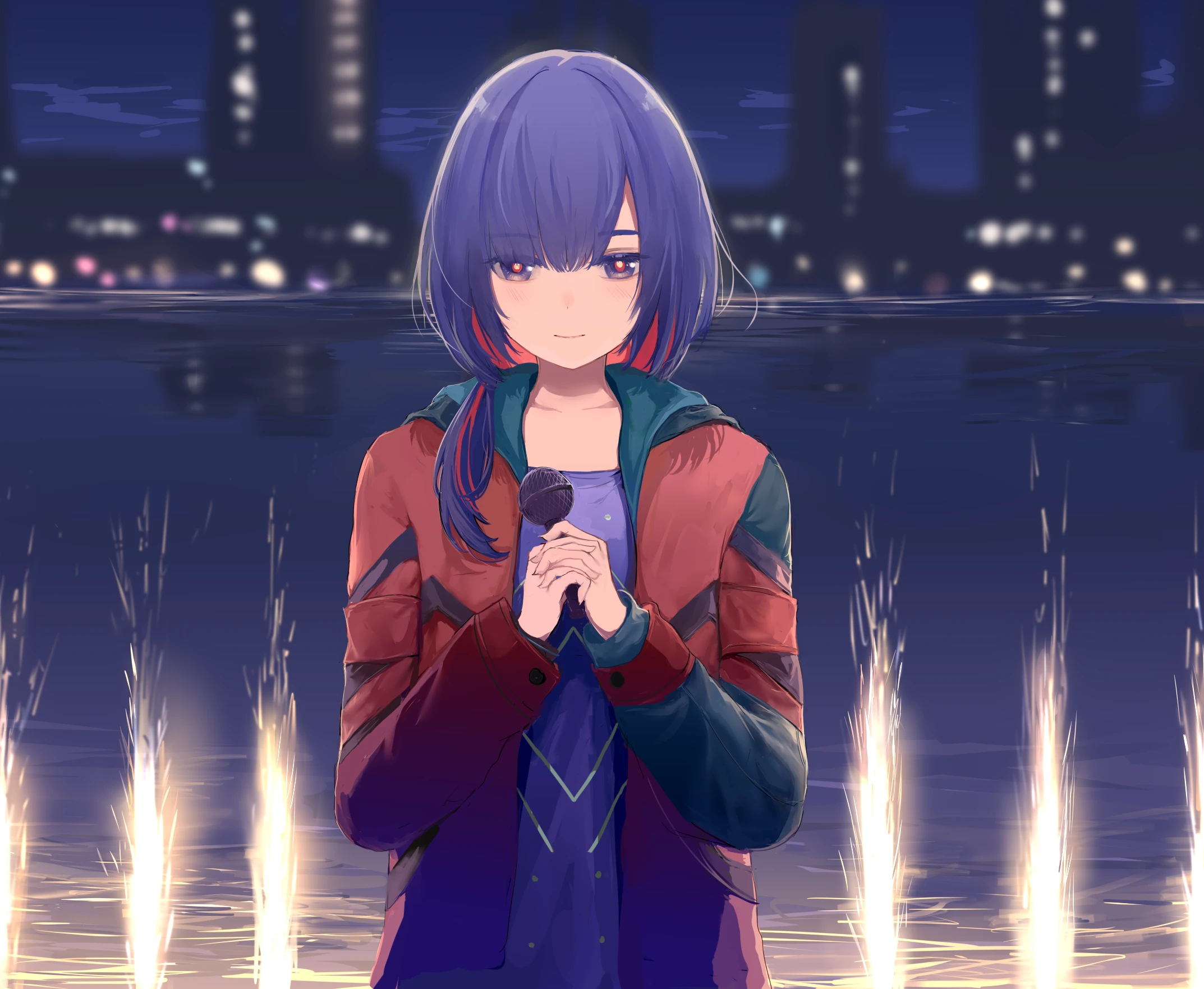 Anime Girls Anime Two Tone Hair Water Blue Eyes Standing Jacket Microphone Depth Of Field Reflection 2146x1763