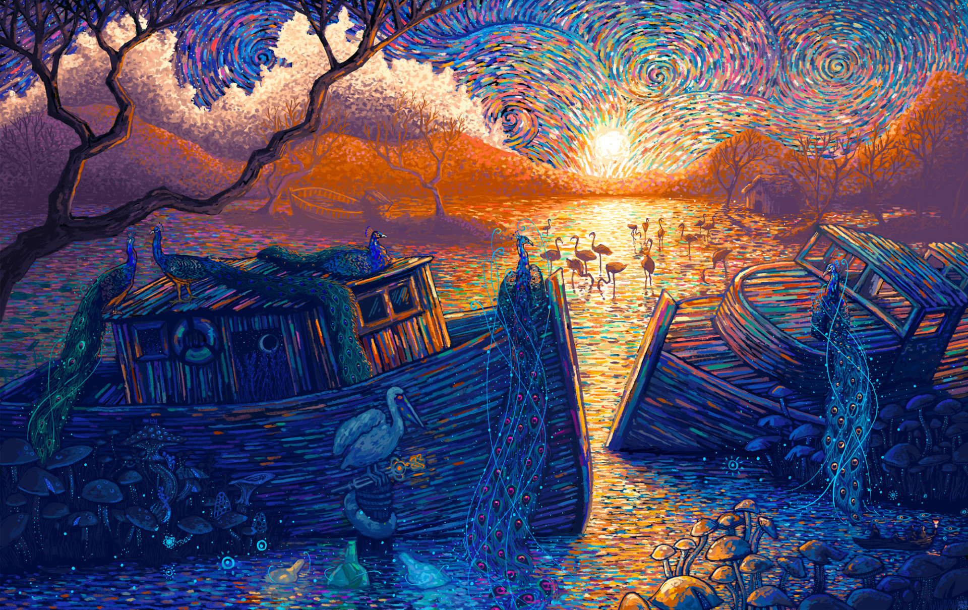 Digital Art Fantasy Art Artwork Impressionism Painting Ship Boat Animals Birds Trees Psychedelic Pea 1920x1210