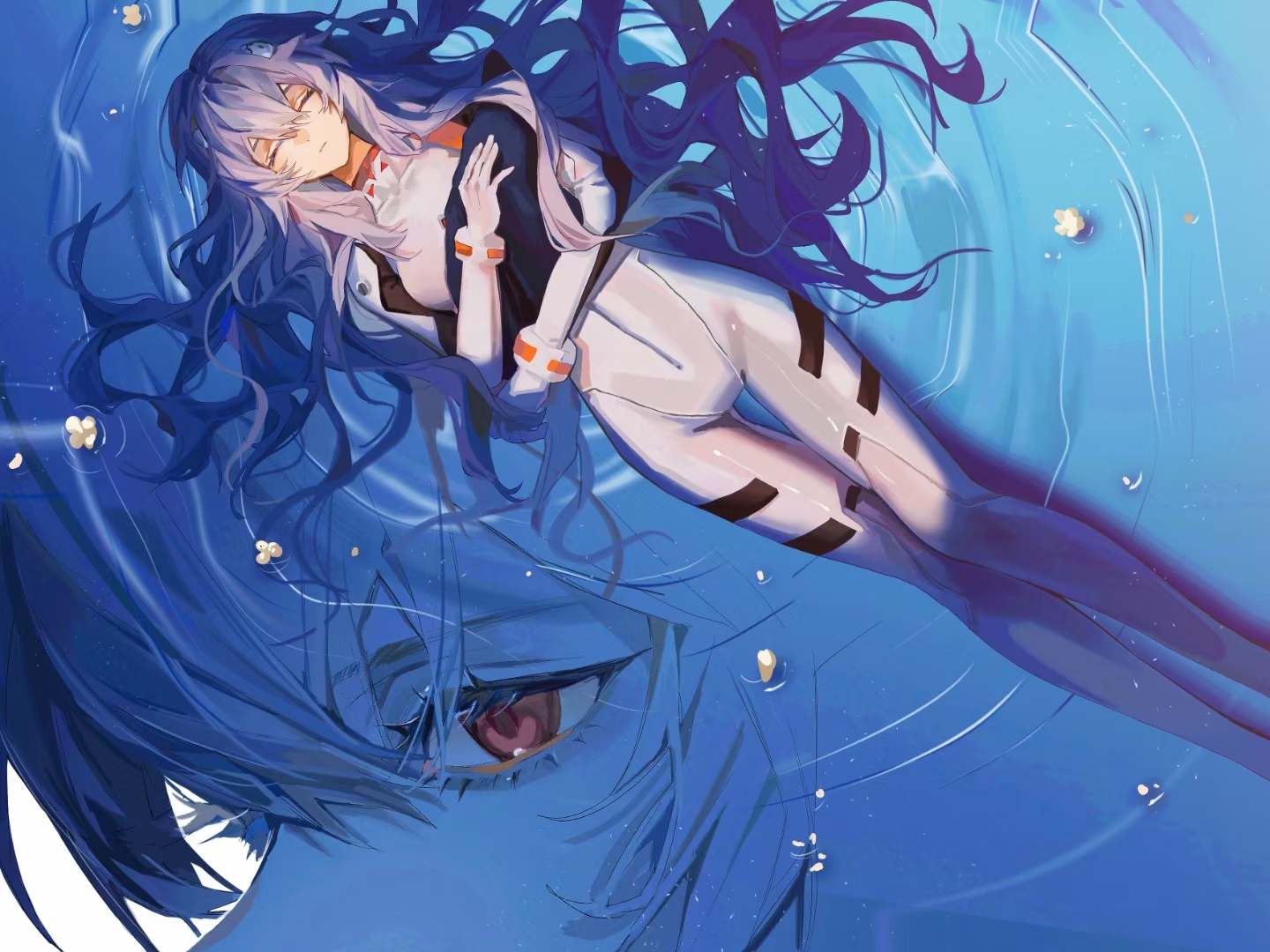 Long Hair Blue Hair Bodysuit Red Eyes Neon Genesis Evangelion Ayanami Rei Closed Eyes Lying Down Lyi 1440x1080