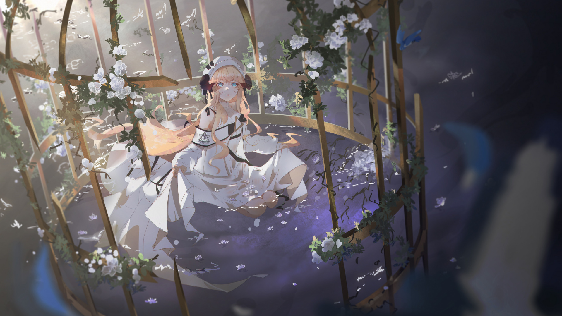 Arknights Anime Anime Girls Sitting White Dress Horns Flowers Birdcage Nightingale Arknights Water 1920x1080