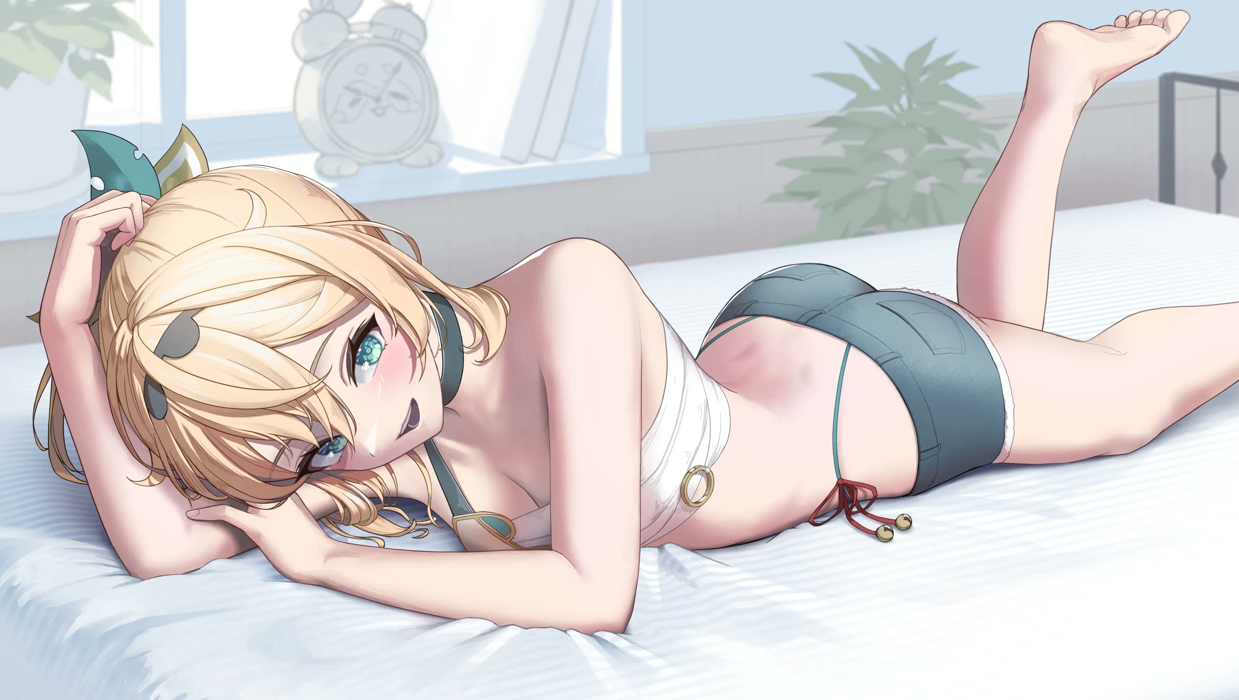 Virtual Youtuber Hololive Kazama Iroha Blonde Bed Looking At Viewer Lying On Front Blue Eyes Feet Fo 2508x1417