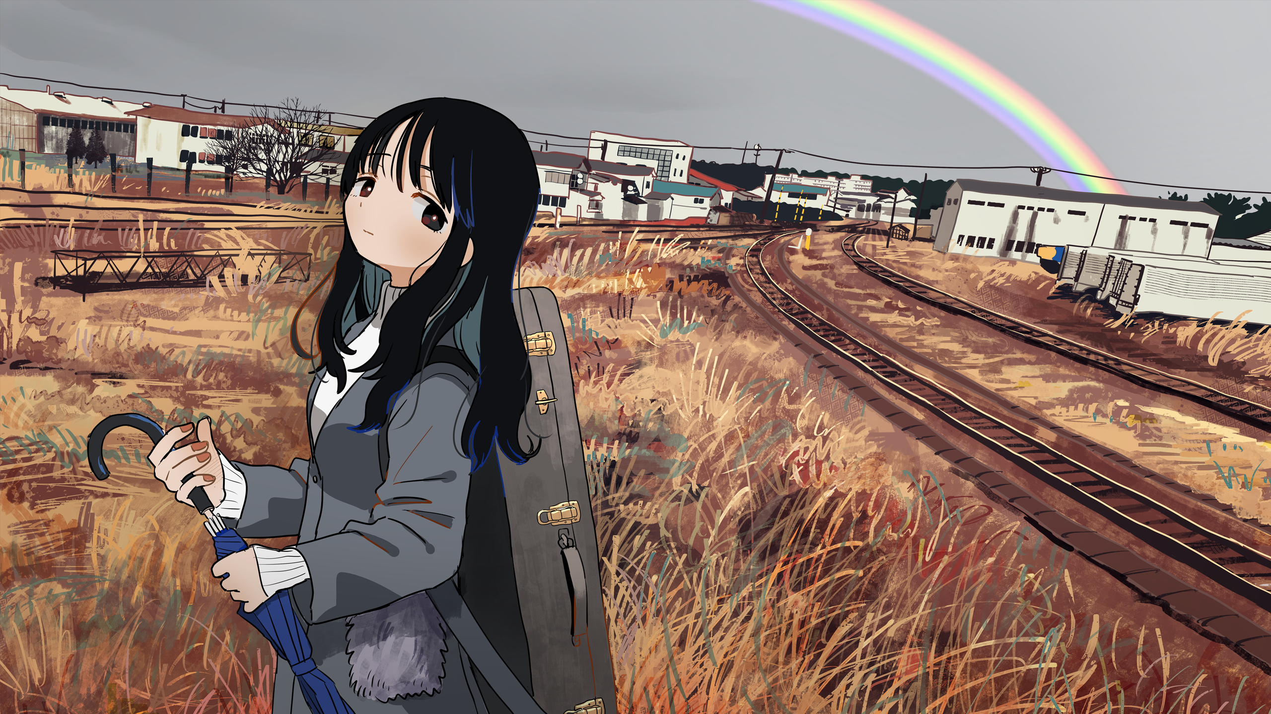 Anime Girls Anime Japan Fall Umbrella Railway Zinbei Rainbows 2560x1440