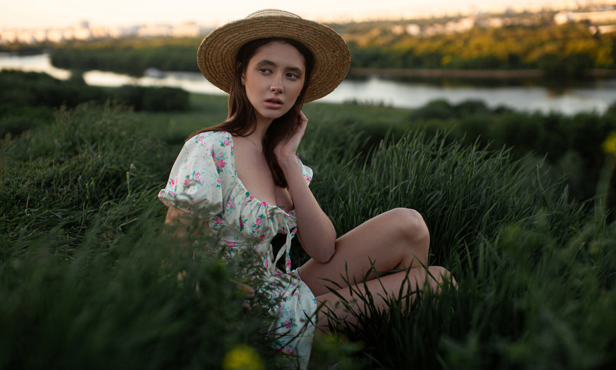 Andrey Frolov Women Hat Brunette Looking Away Dress Nature Field Grass 2048x1230