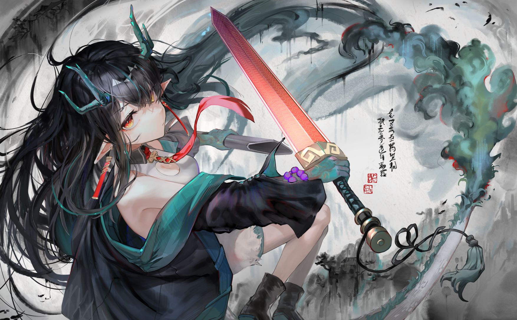 Arknights Dusk Arknights Horns Pointy Ears Anime Girls Sword Weapon Dragon Horns Dragon Tail 1754x1086