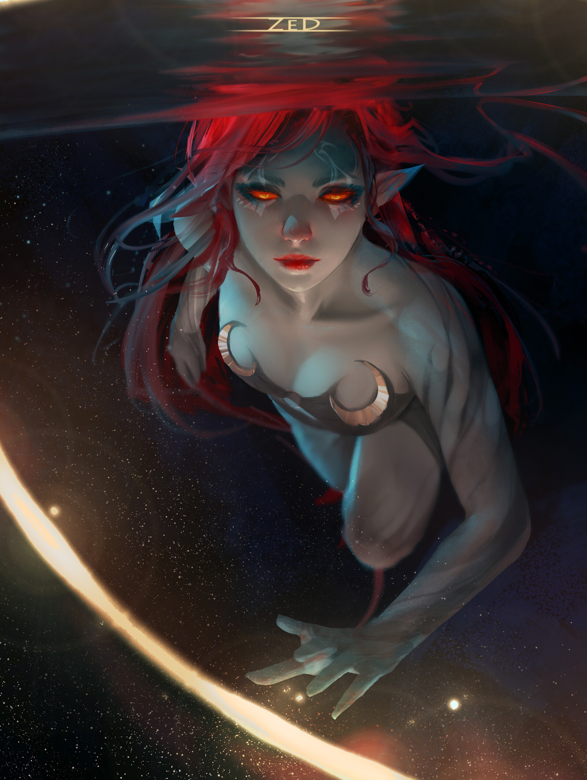 Trungbui Drawing Women Redhead Red Eyes Underwater Stars Fantasy Art Fantasy Girl Pointy Ears 1920x2552