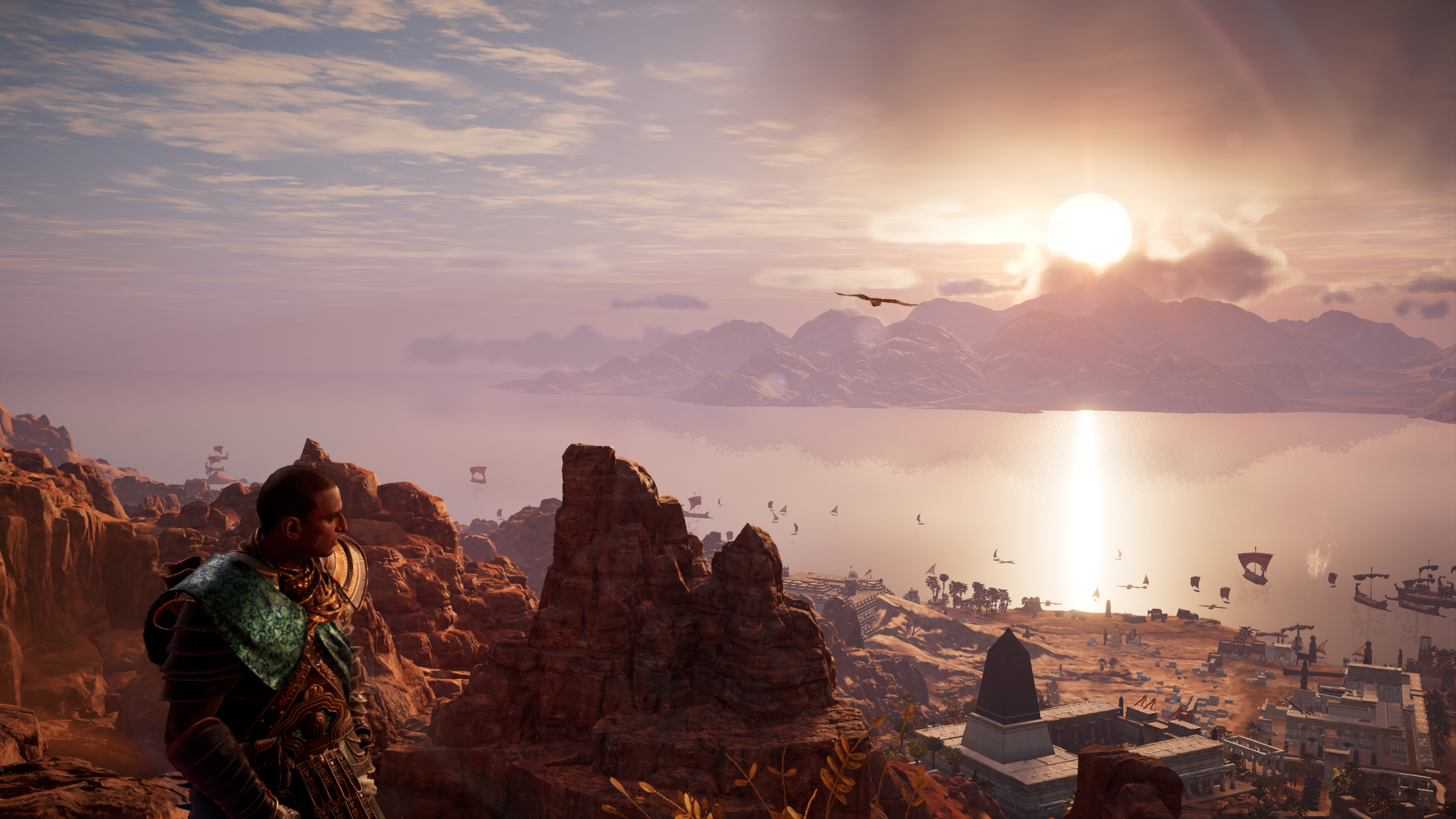 Assassin Creed Origins Sky Video Games Clouds Video Game Art Water Video Game Characters CGi Birds E 2560x1440