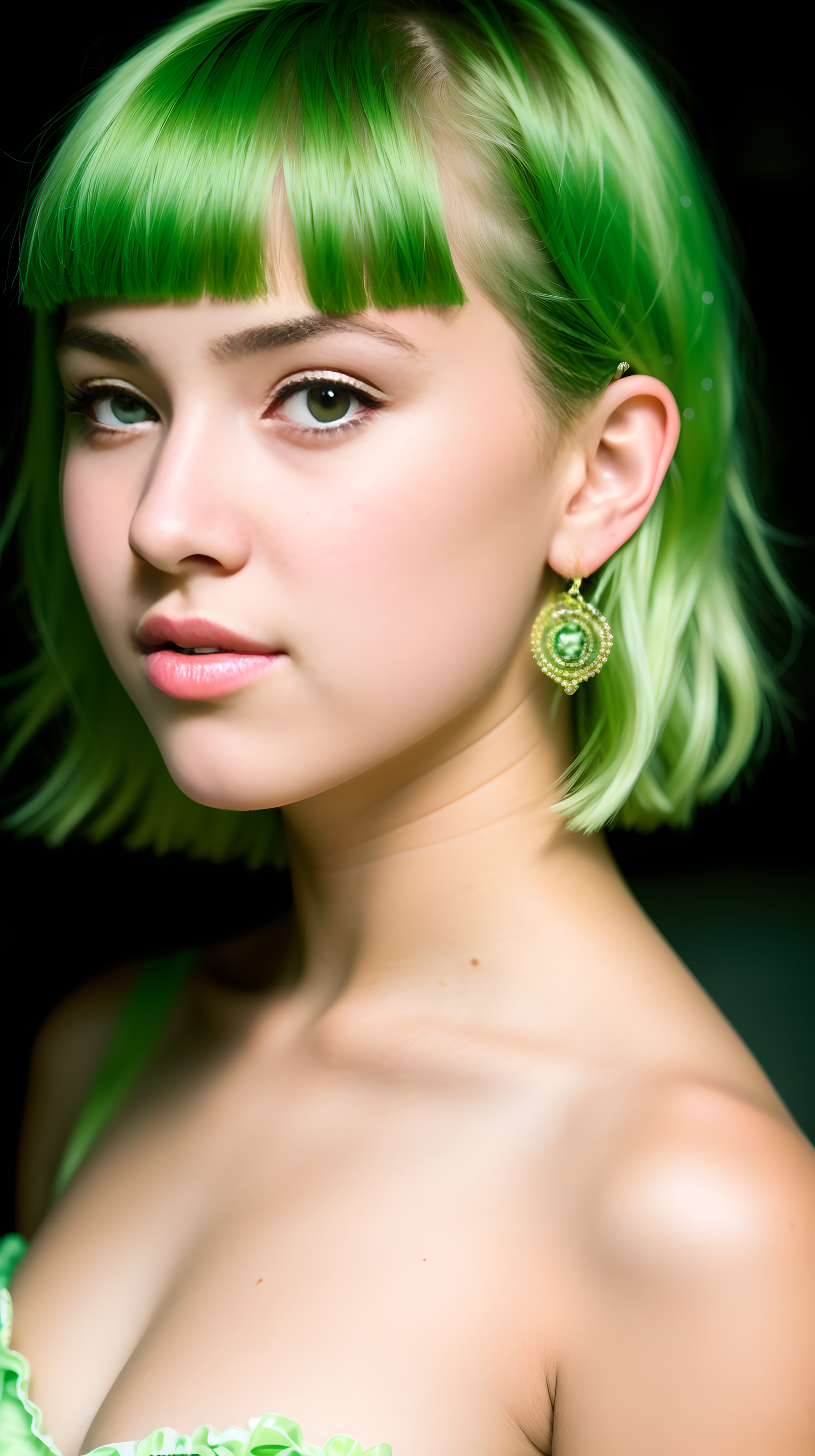 Ai Art Stable Diffusion Women Short Hair Green Hair Jewelry Ear Vertical 1792x3200