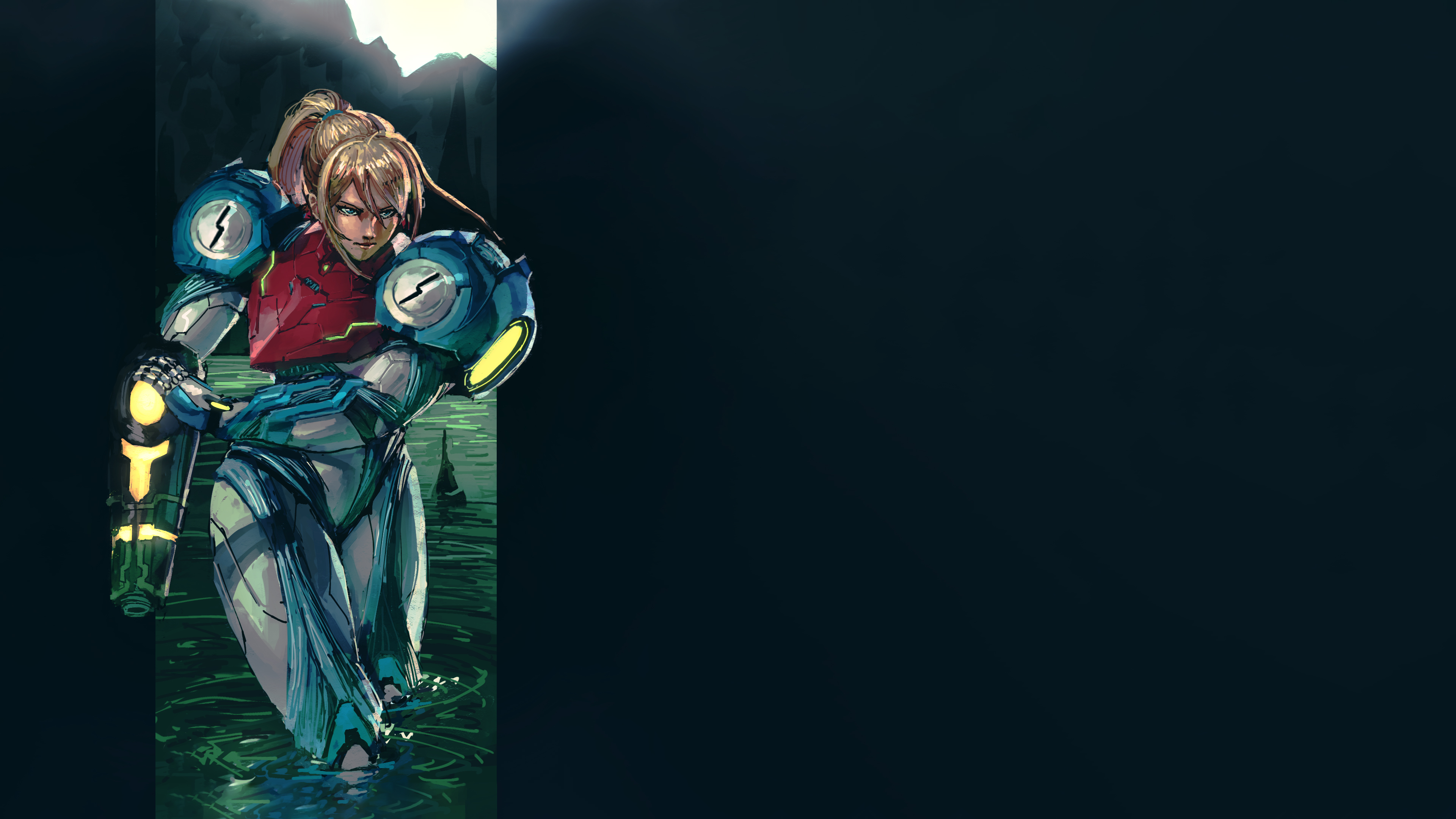 Samus Aran Metroid Metroid Dread Power Armor Video Games Dark Background Simple Background Water Can 3840x2160