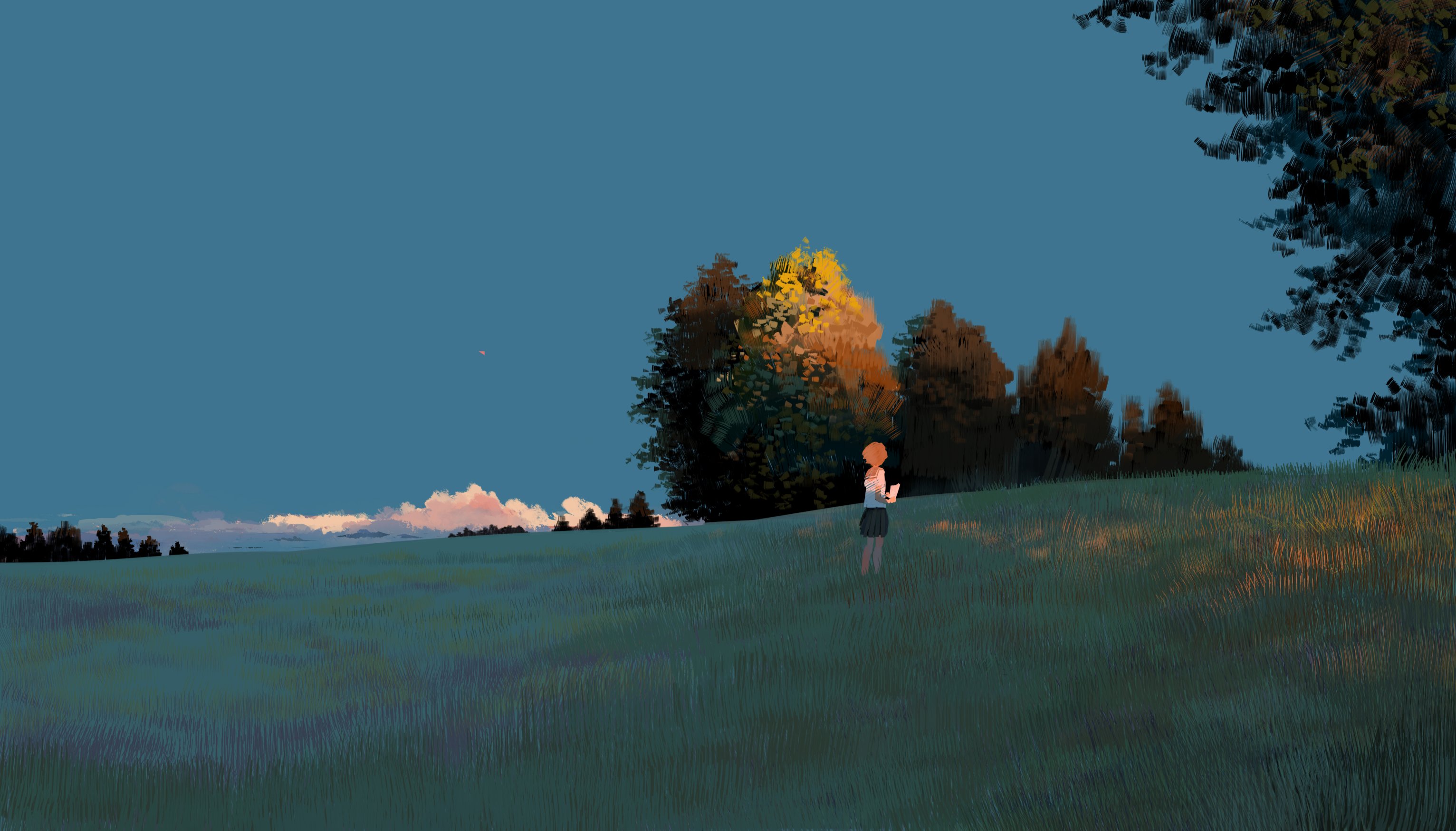 Digital Art Digital Painting Plains Grass Sunset Peaceful Bangjoy Schoolgirl School Uniform Trees Sk 3064x1750