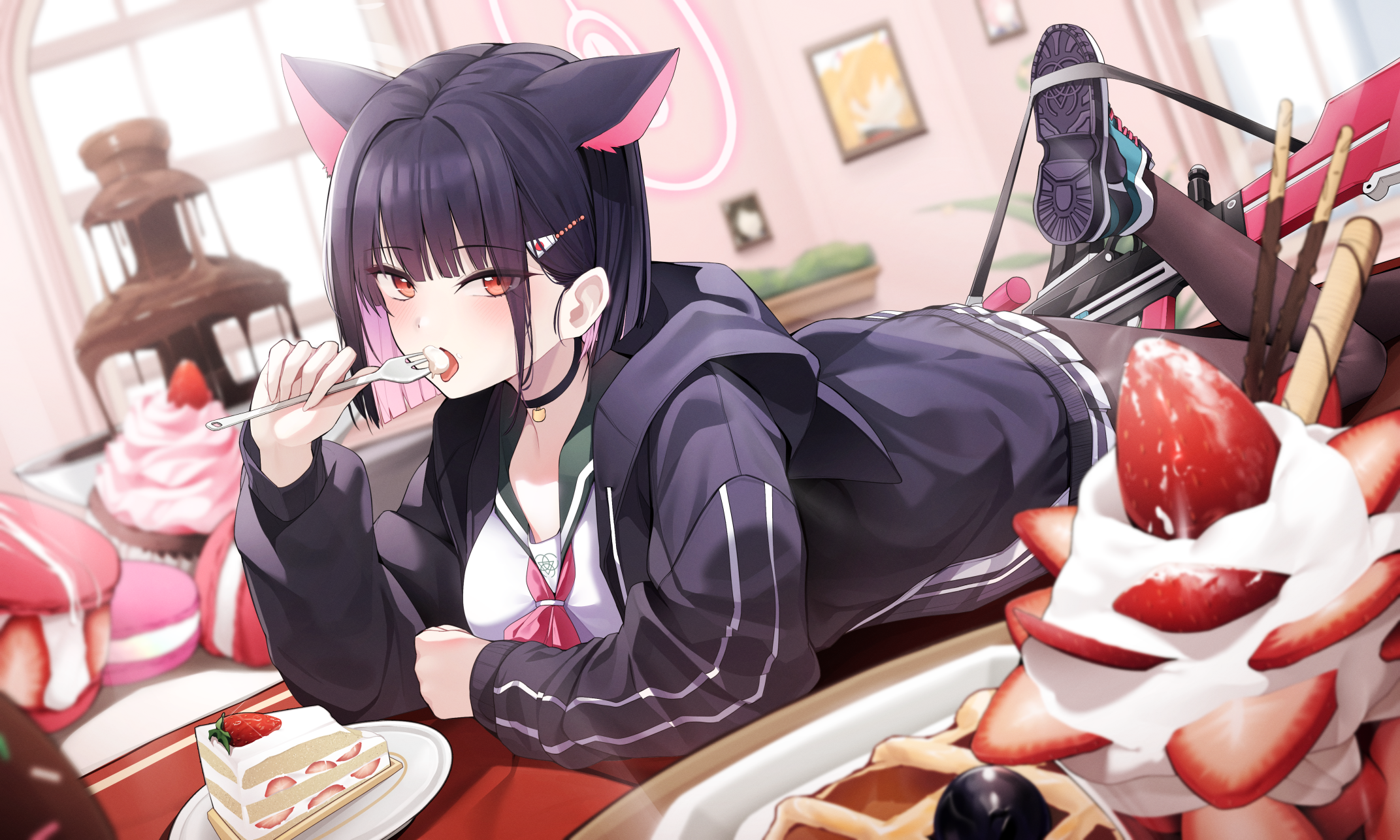 Anime Anime Girls Blue Archive Cat Ears Kyouyama Kazusa Fork Cake Looking At Viewer Choker Sweets St 2143x1286
