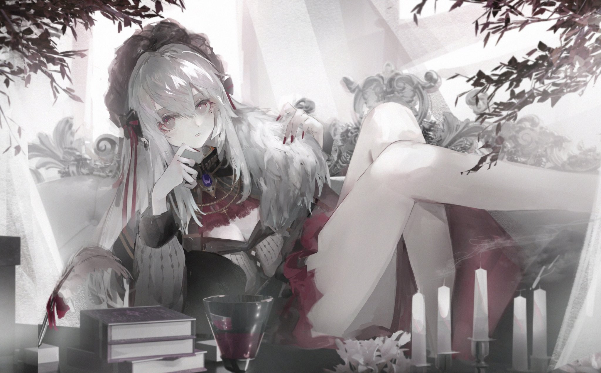 Minimalism Red Eyes White Hair Candles Books Red Nails Leaves Anime Girls Looking At Viewer 2048x1272