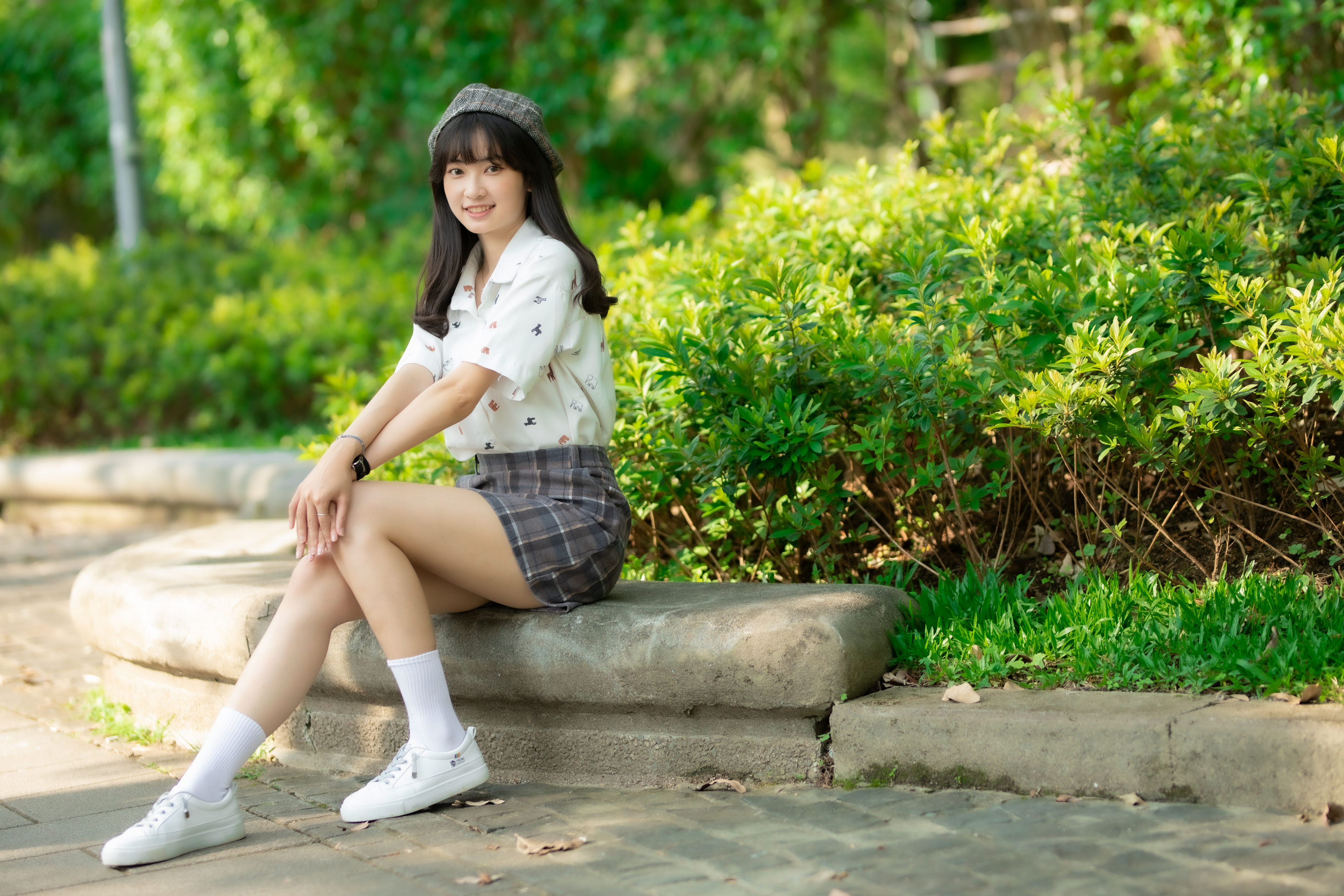 Asian Model Women Long Hair Dark Hair Depth Of Field Sitting Berets Skirt White Socks Wristwatch Sne 3840x2560