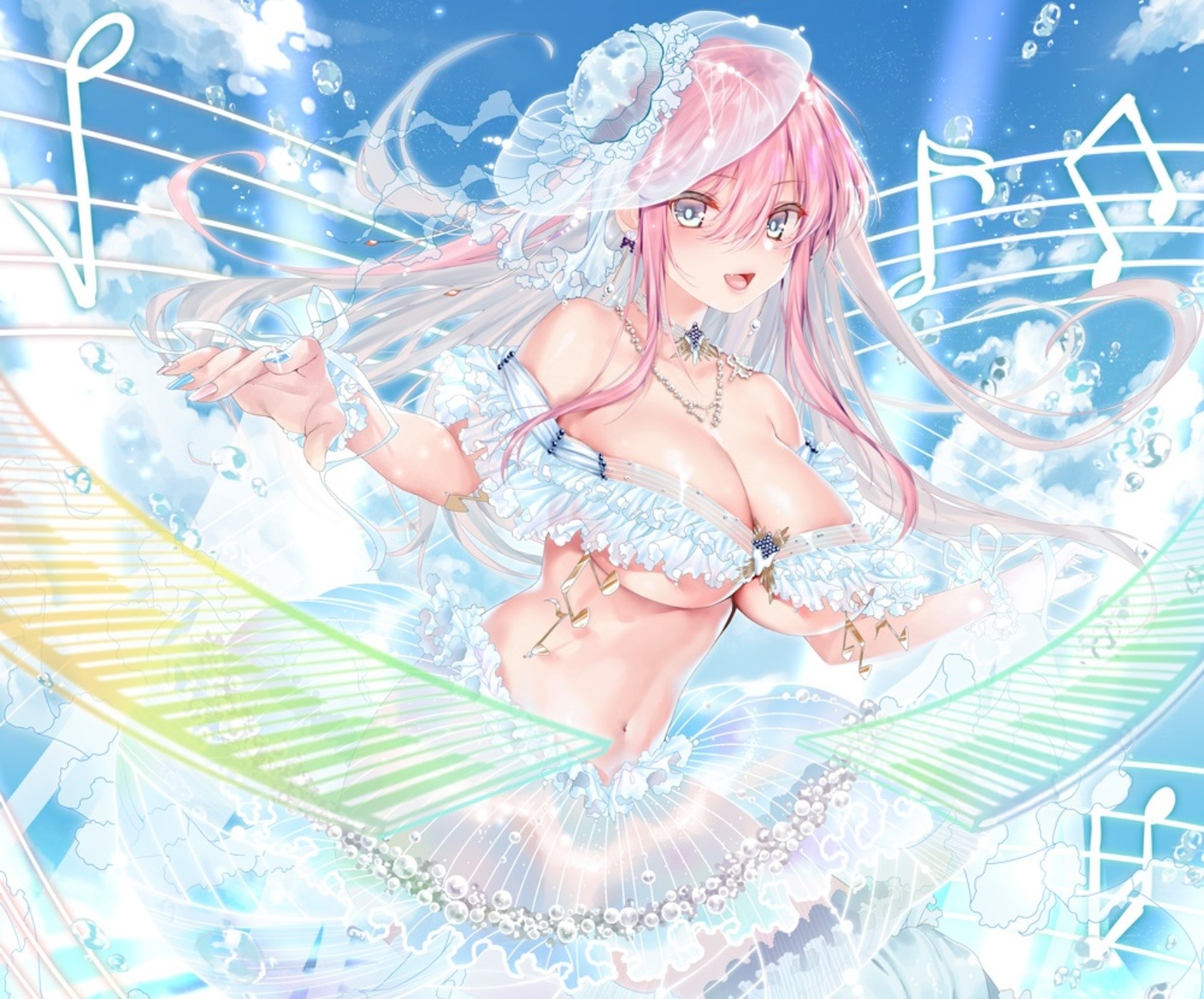 Anime Mermaids Anime Girls Necklace Long Hair Musical Notes Piano Looking At Viewer Pink Hair Clouds 1692x1404
