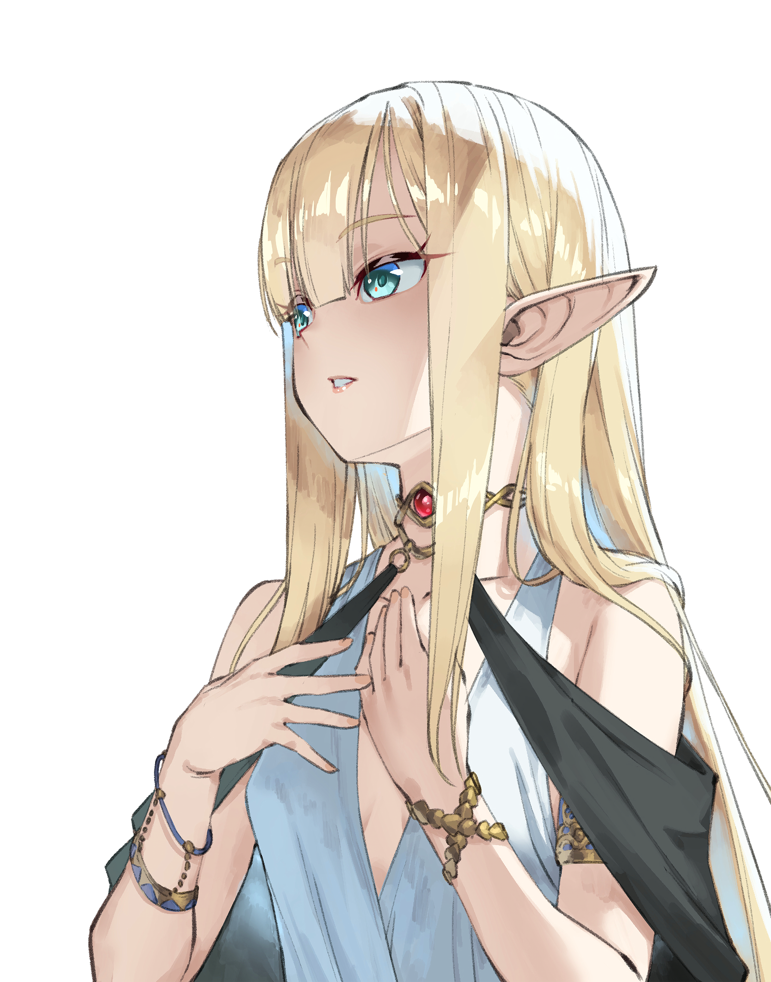 Elves Anime Girls Blonde White Background Necklace Blue Eyes Pointy Ears Aqua Eyes Blunt Bangs Long  2560x3259