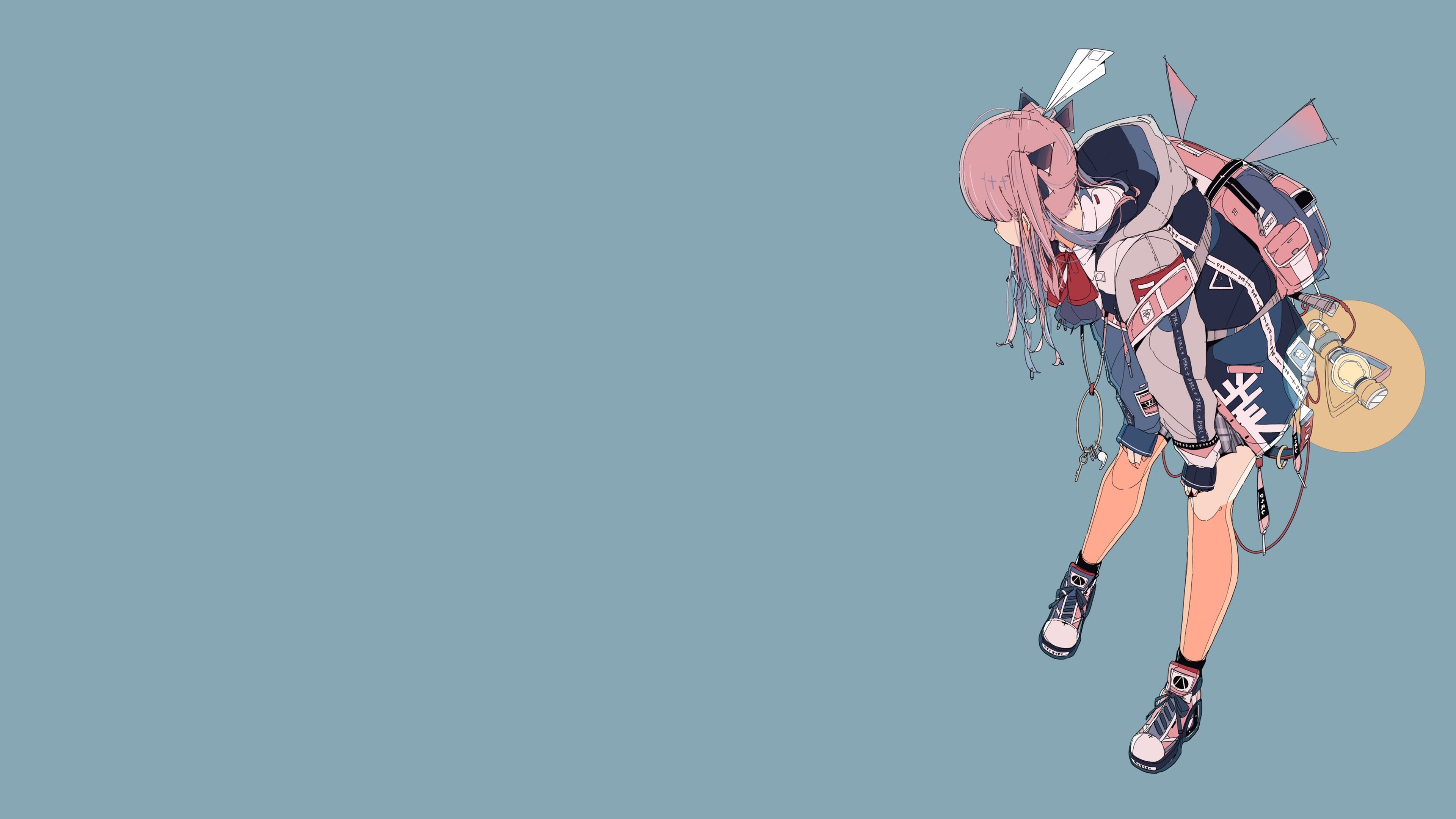 Daisukerichard Anime Girls Original Characters Backpacks Twintails Simple Background Blue Background 3840x2160