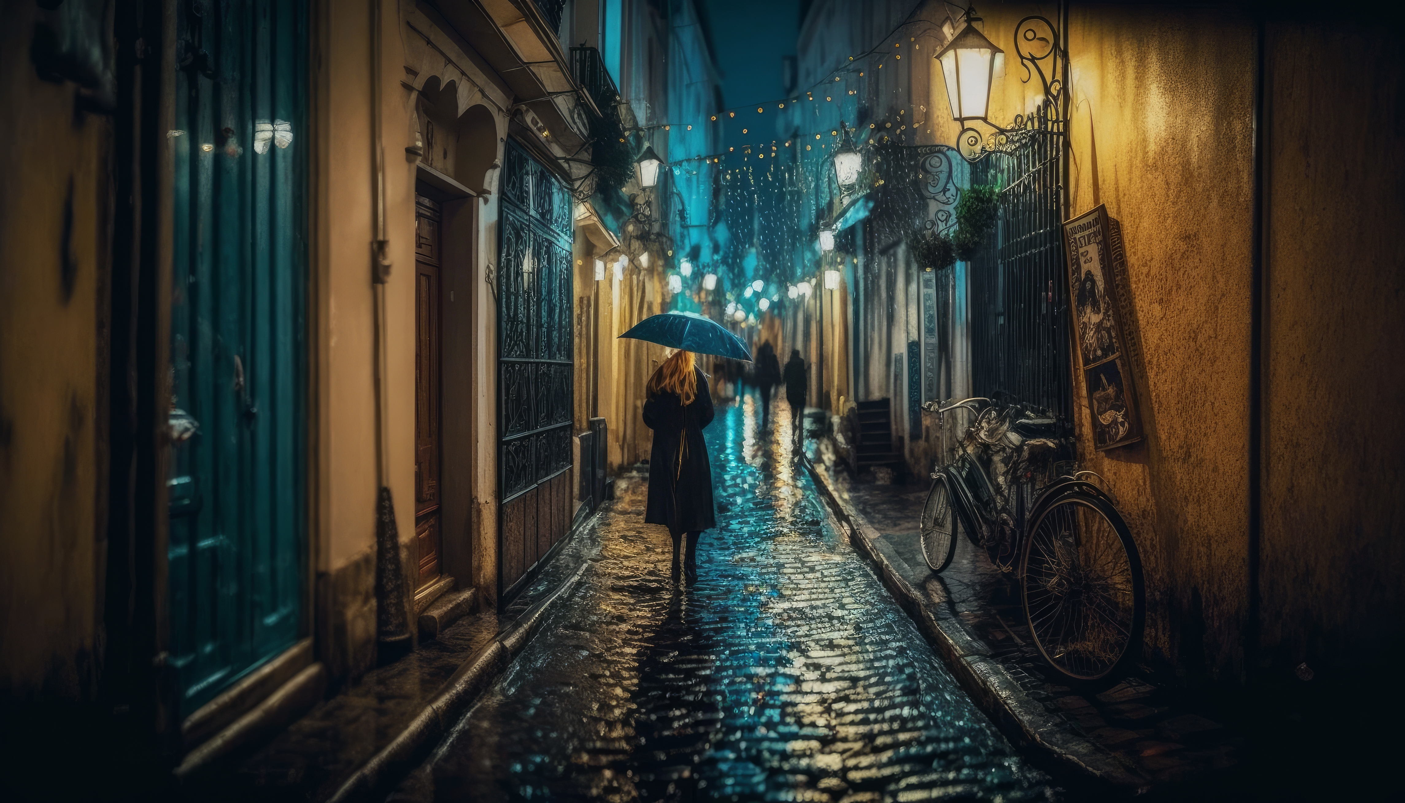 Ai Art Illustration Women Paris Umbrella Cobblestone Small Alley Alleyway Street Light Bicycle 4579x2616