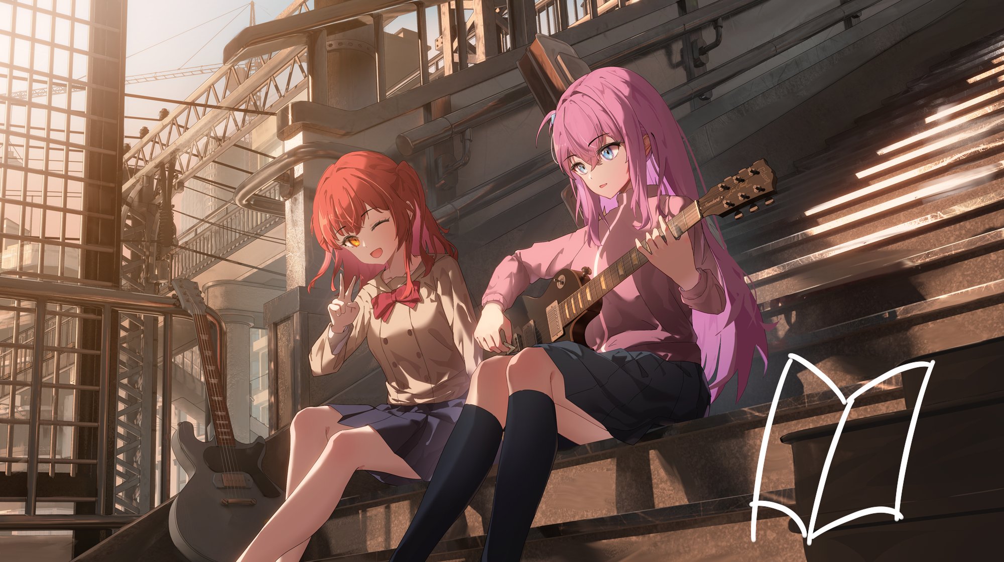 Anime Anime Girls BOCCHi THE ROCK Gotou Hitori Kita Ikuyo Sitting Guitar Stars Musical Instrument Bo 2000x1120