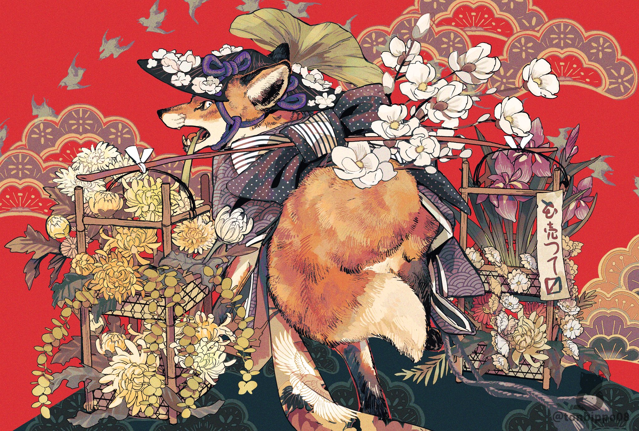 Digital Art Fox Animals Flowers Bow Tie Hat Japanese 2048x1382
