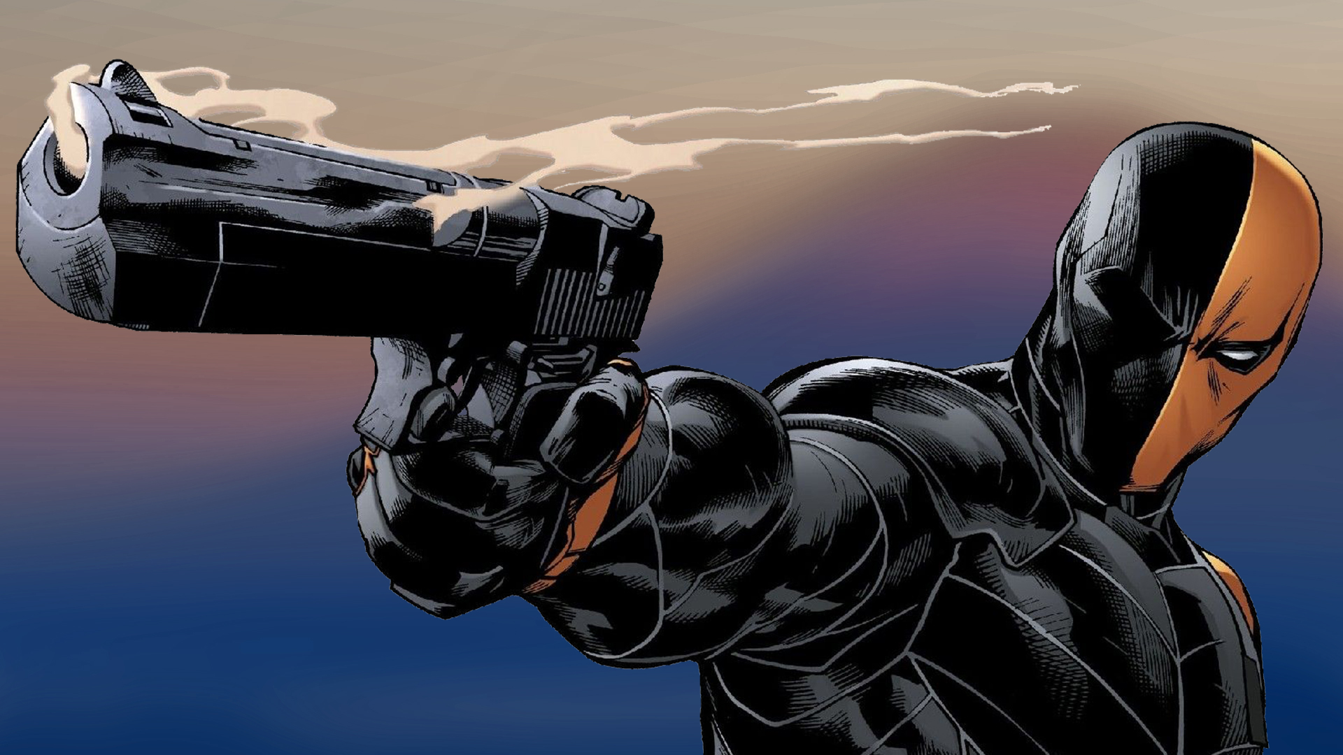 Deathstroke Slade Wilson DC Comics Gun Gradient Blue Background Armor Digital Art Simple Background  1920x1080