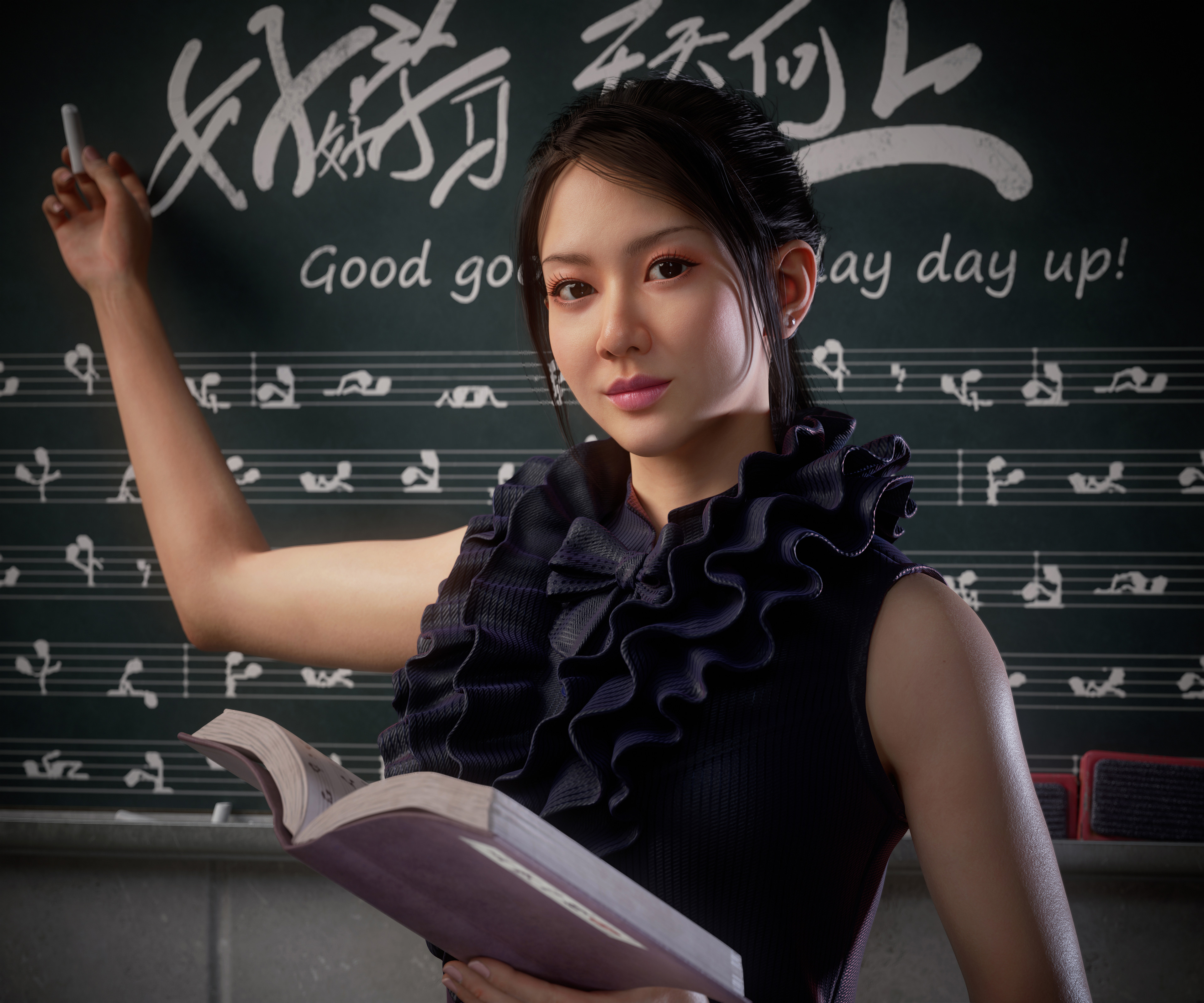 Zhang Fuzeng CGi Women Dark Hair Teachers Chalkboard Looking At Viewer Smiling Asian 3840x3200