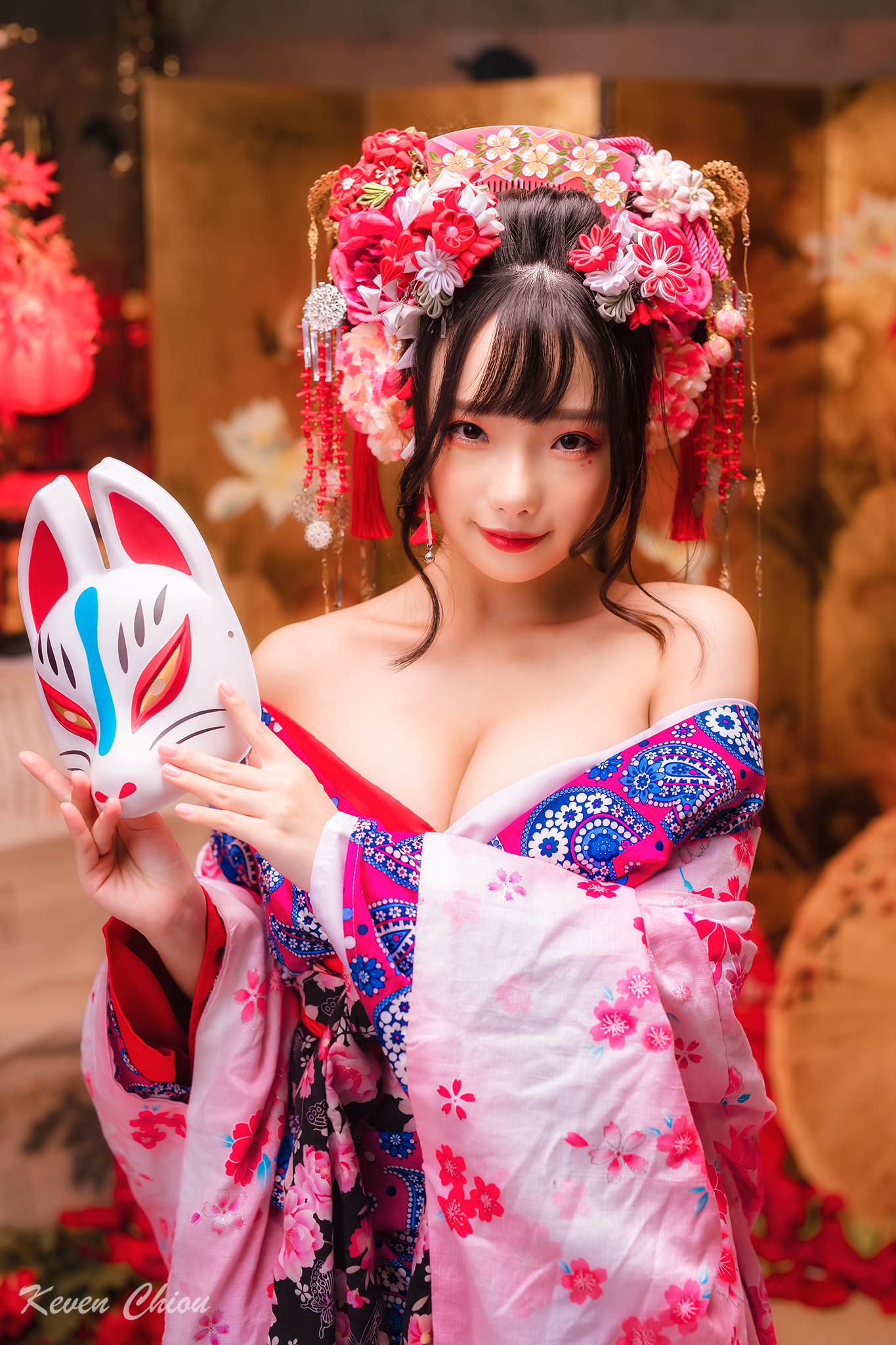 Ning Shioulin Women Model Asian Kimono Geisha Bare Shoulders Women Indoors Fox Mask 1365x2048