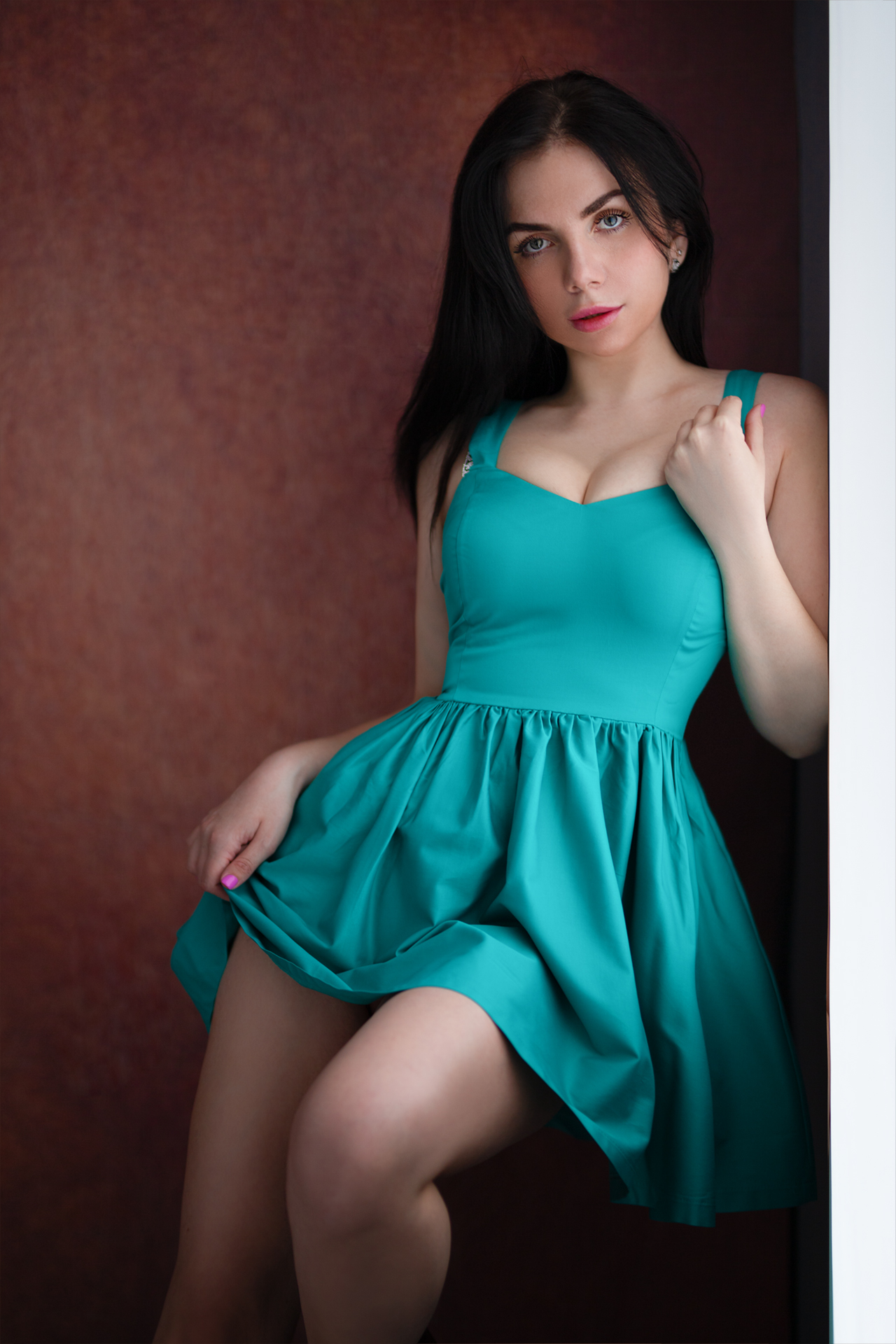 Aleksey Lozgachev Women Dark Hair Makeup Dress Turquoise Clothing Pink Nails Doorways 1280x1920
