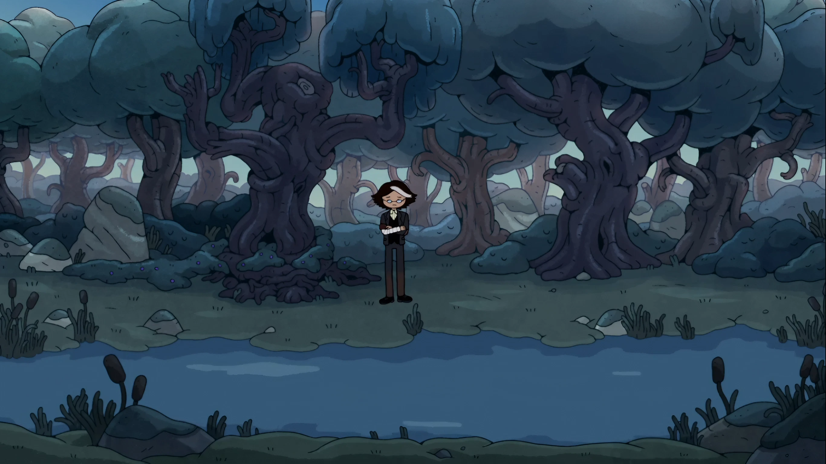 Adventure Time Ice King Screen Shot Water Forest Trees Grass Standing Two Tone Hair Rocks Men Glasse 2732x1536