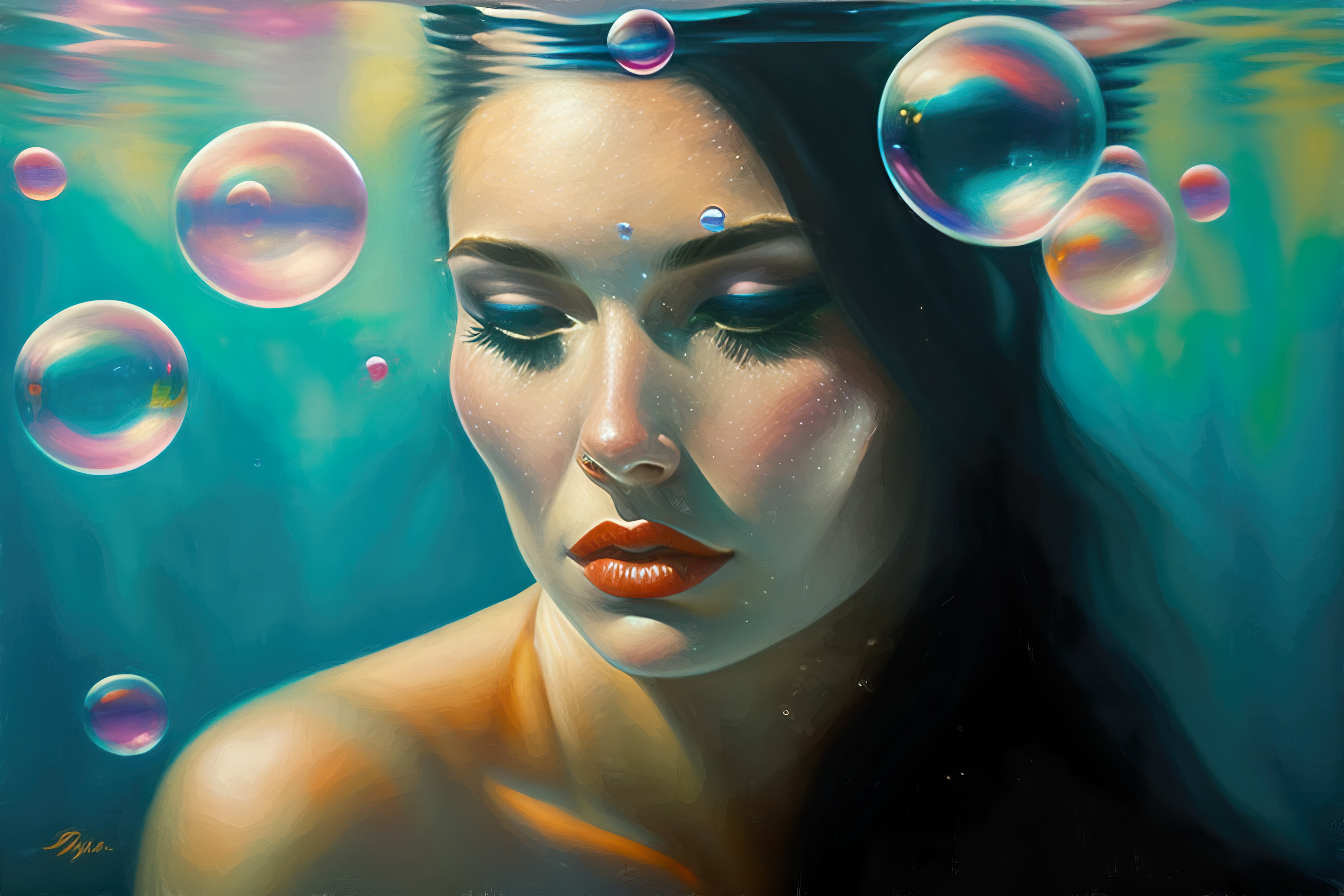 Lexica Ai Art Portrait Women Oil Painting Underwater Vibrant Detailed Face Bubbles Closed Eyes 3840x2560