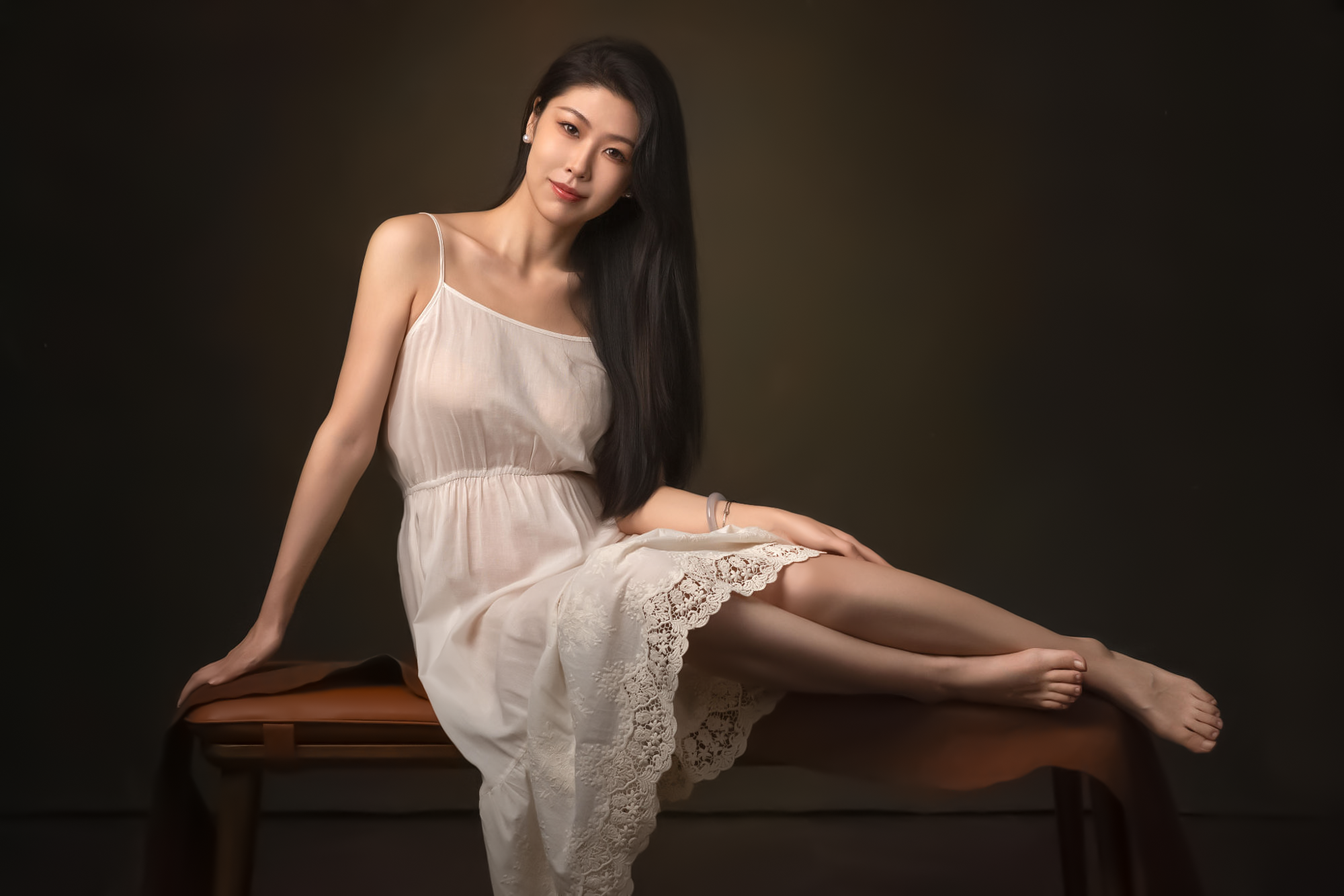 Lee Hu Women Asian Dress Smiling Studio Simple Background White Dress 2000x1334